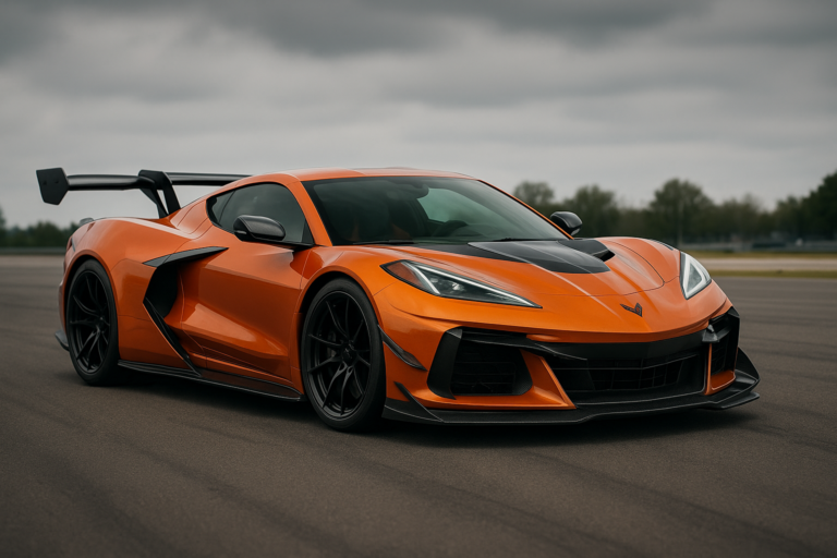 2025 Chevrolet Corvette ZR1X in motion on a racetrack with active rear wing and wide-body design, showcasing aggressive aerodynamics and performance styling