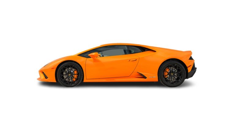 Orange Lamborghini Huracán side profile on white background
