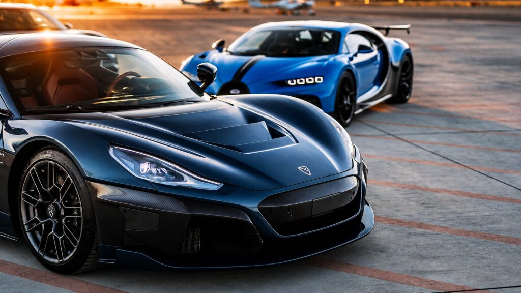 Bugatti hypercar and Rimac-inspired performance car on runway at sunset representing next generation hypercar innovation