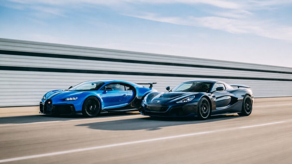 Bugatti hypercar racing Rimac performance car side by side on highway showing next generation hypercar competition