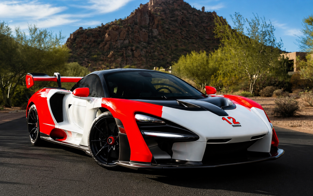 McLaren Senna MSO Marlboro livery by P1 Exotics driving in desert landscape featured on ExoticMotors.com