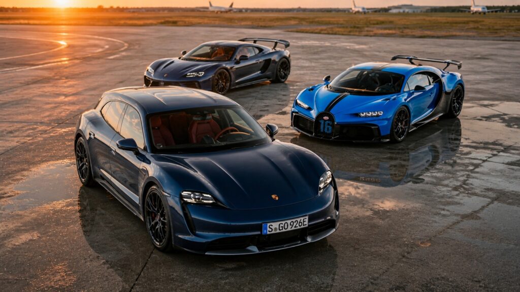 Porsche Taycan in foreground with Bugatti hypercar on a runway representing luxury performance and next generation automotive innovation