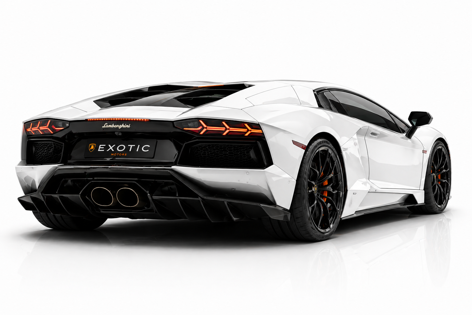 White Lamborghini Aventador rear with Exotic Motors plate