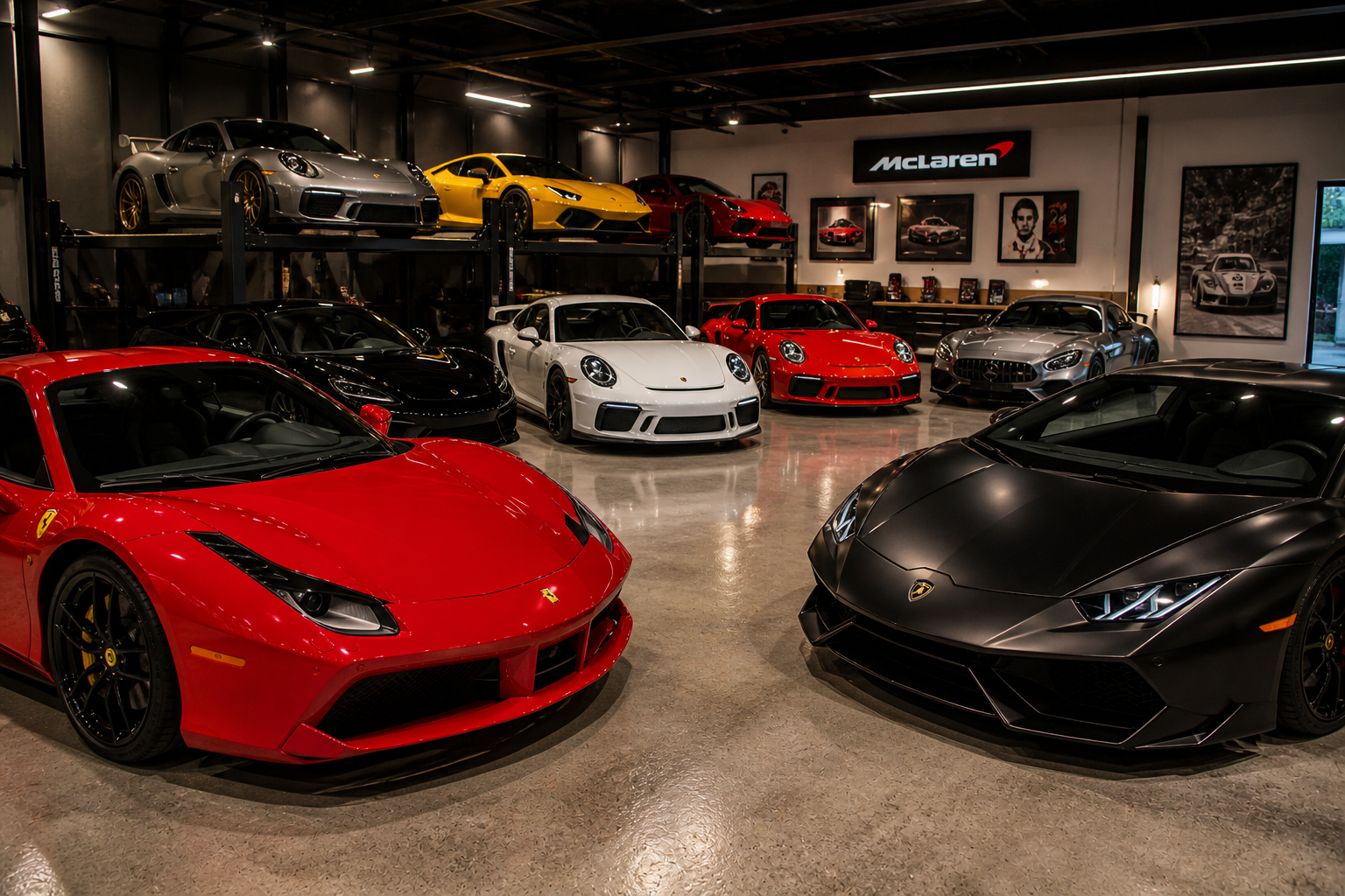 ExoticMotors luxury showroom featuring exotic and supercars