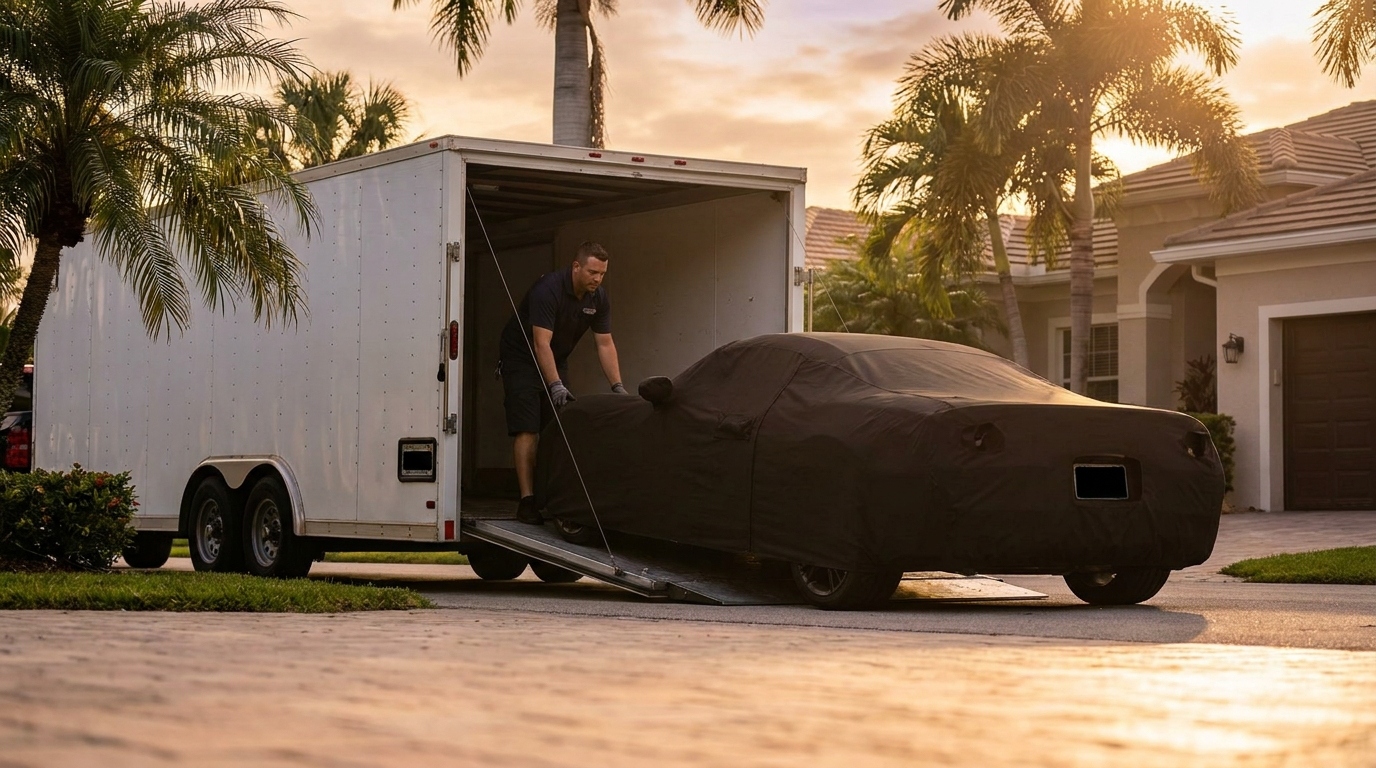 Enclosed transport delivering an exotic car at golden hour