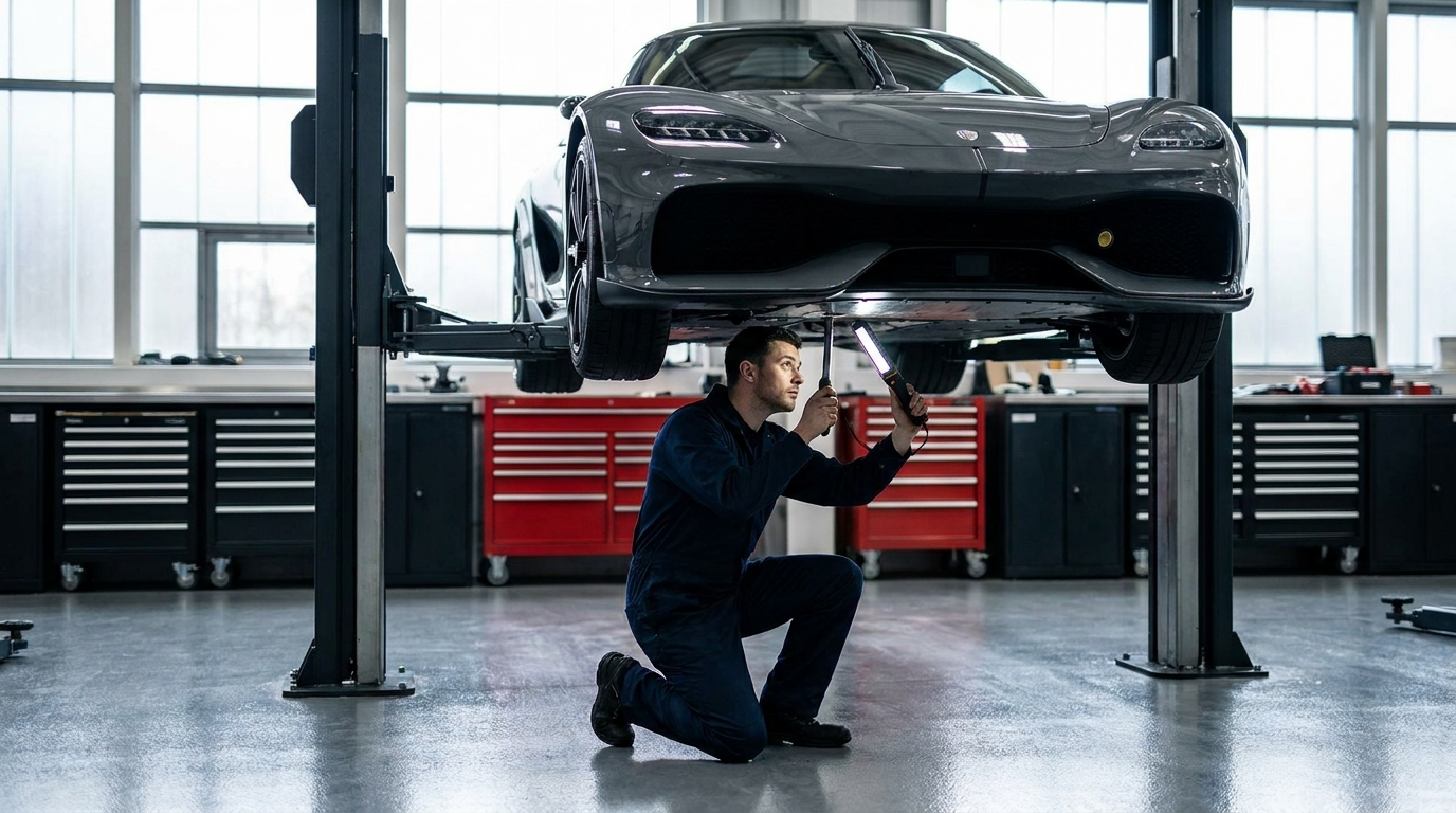 Exotic car pre-purchase inspection on a lift at a specialist workshop