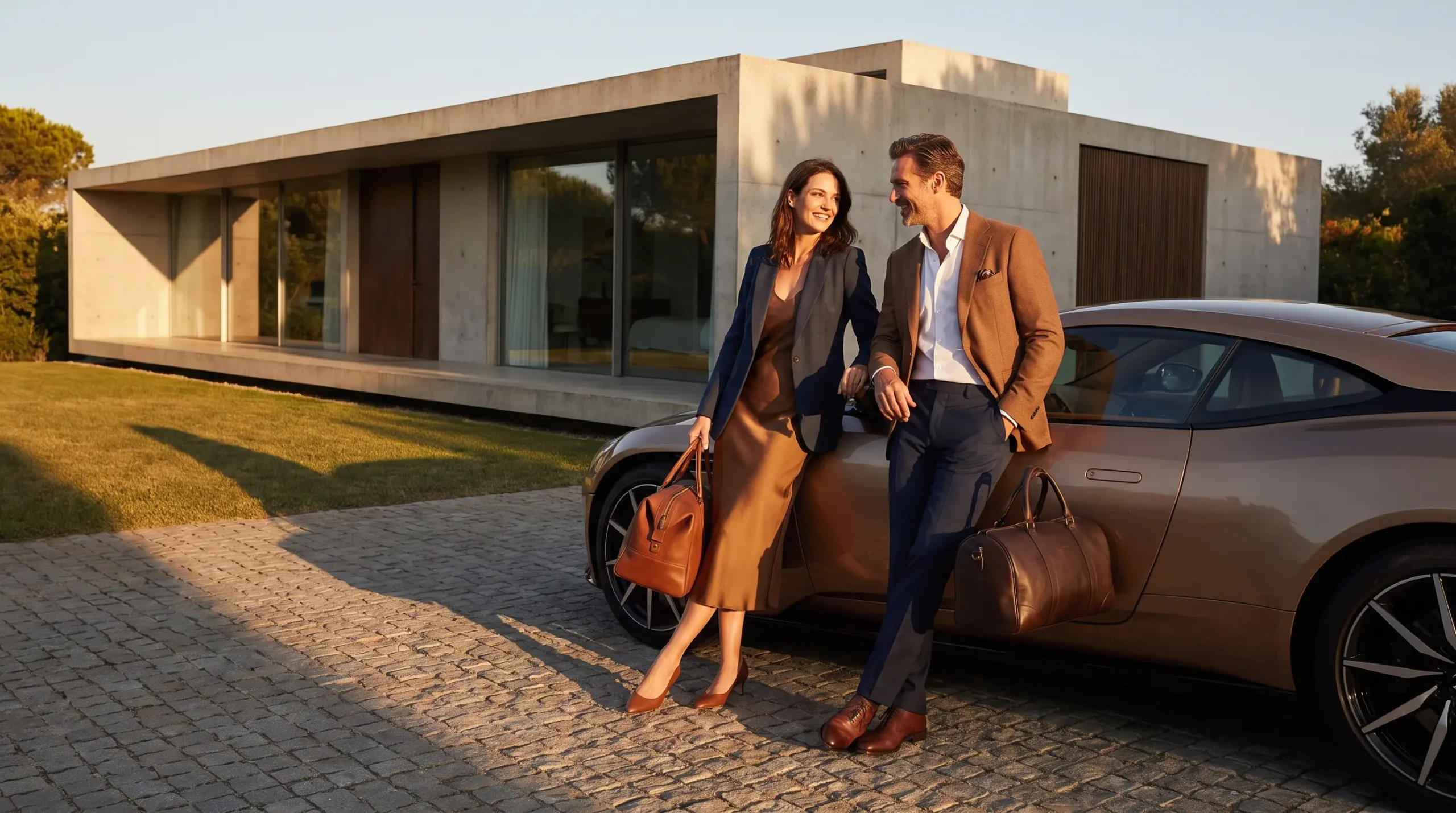A stylish couple beside a luxury exotic car outside a modern villa at golden hour