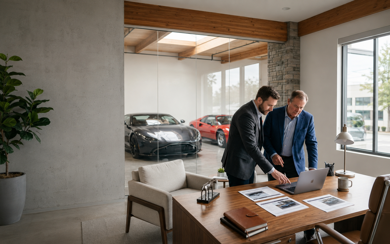 Exotic Motors team reviewing a vehicle listing in the Hackensack showroom office
