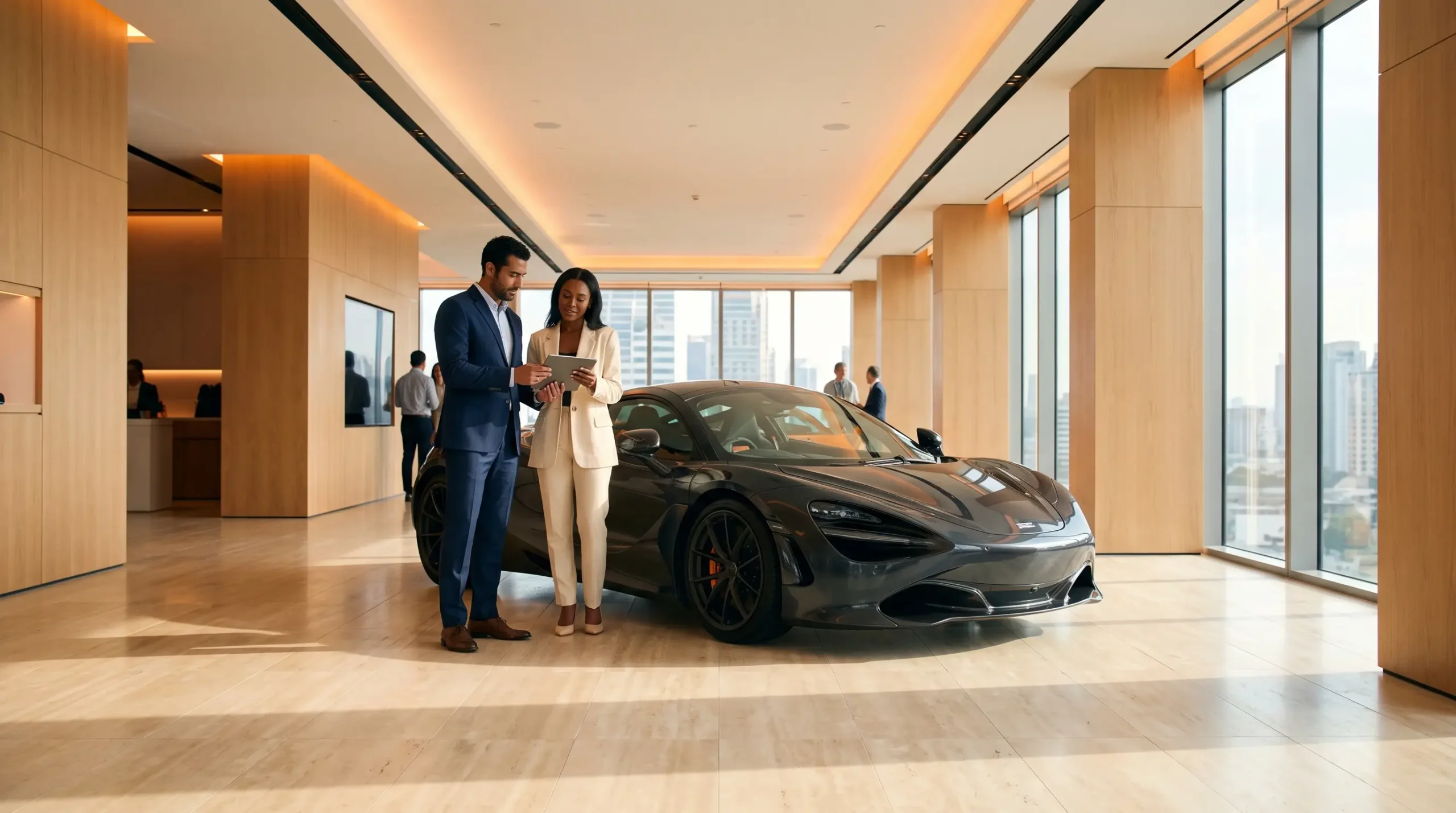 Two stylish professionals reviewing an exotic supercar together in a bright, modern showroom