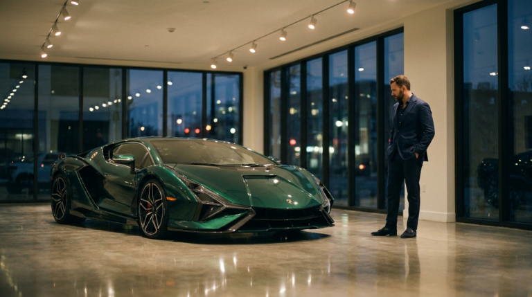 First time exotic car buyer examining a supercar in a luxury showroom