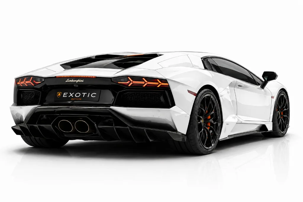 White Lamborghini Aventador rear with Exotic Motors plate