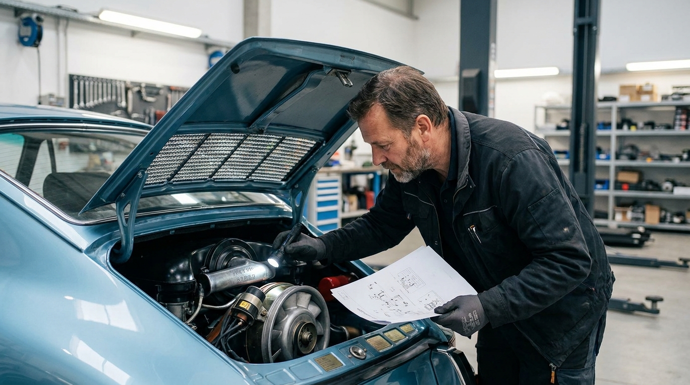 Porsche specialist verifying engine and transmission numbers against factory records
