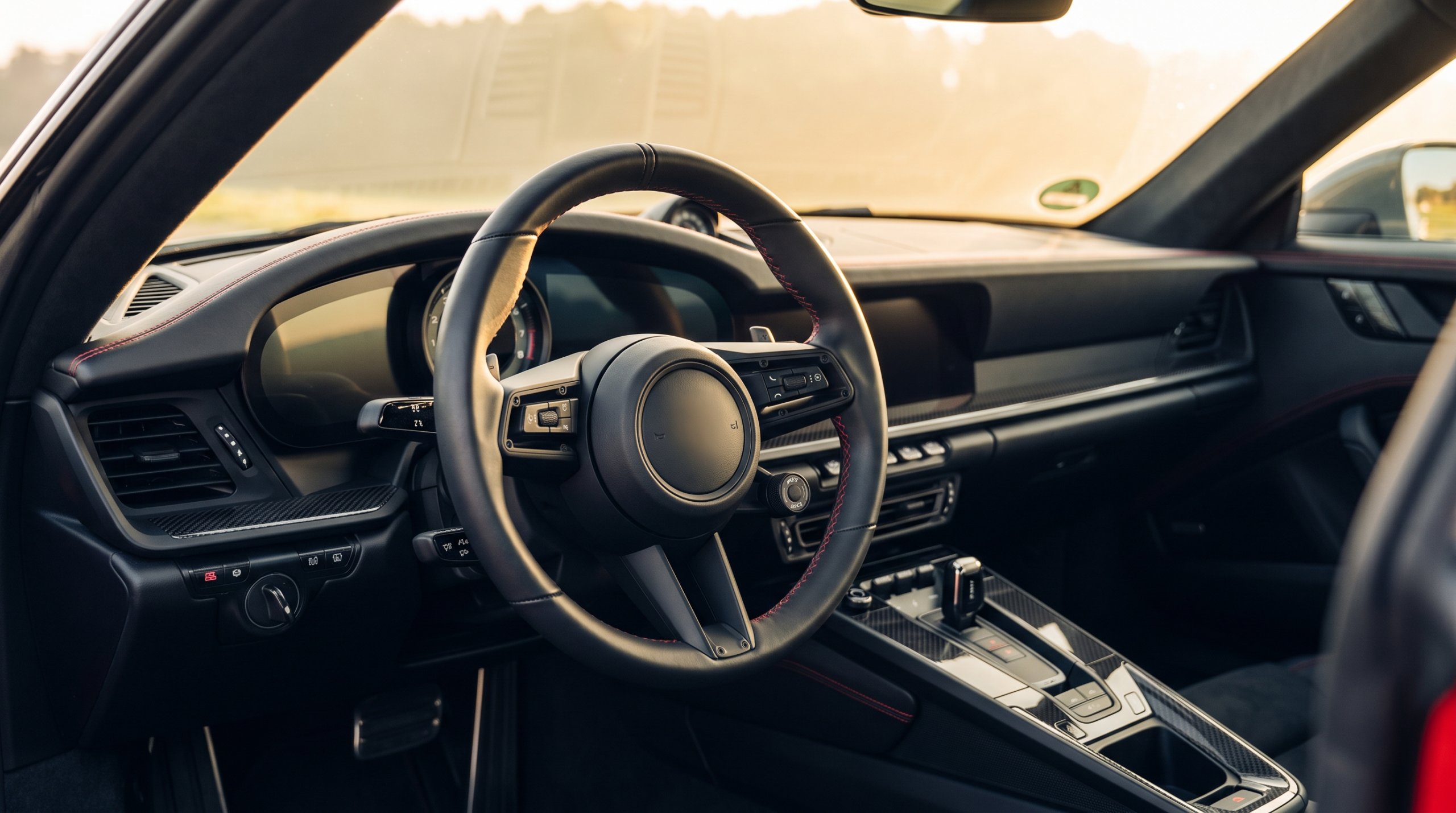911 Turbo S T-Hybrid cockpit with digital instrument display and three-spoke wheel