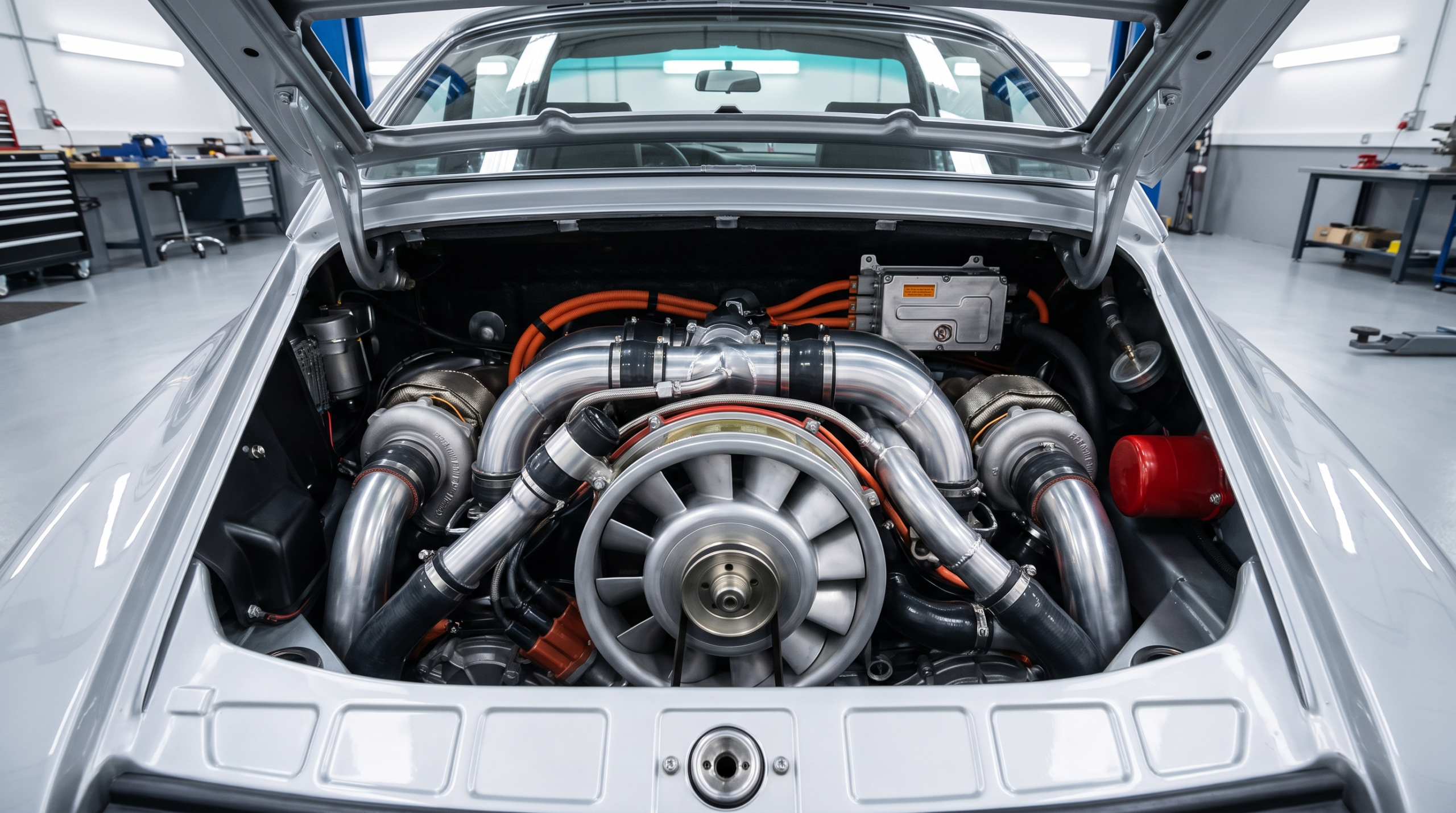 911 Turbo S T-Hybrid flat-six engine bay with turbochargers and high-voltage cabling