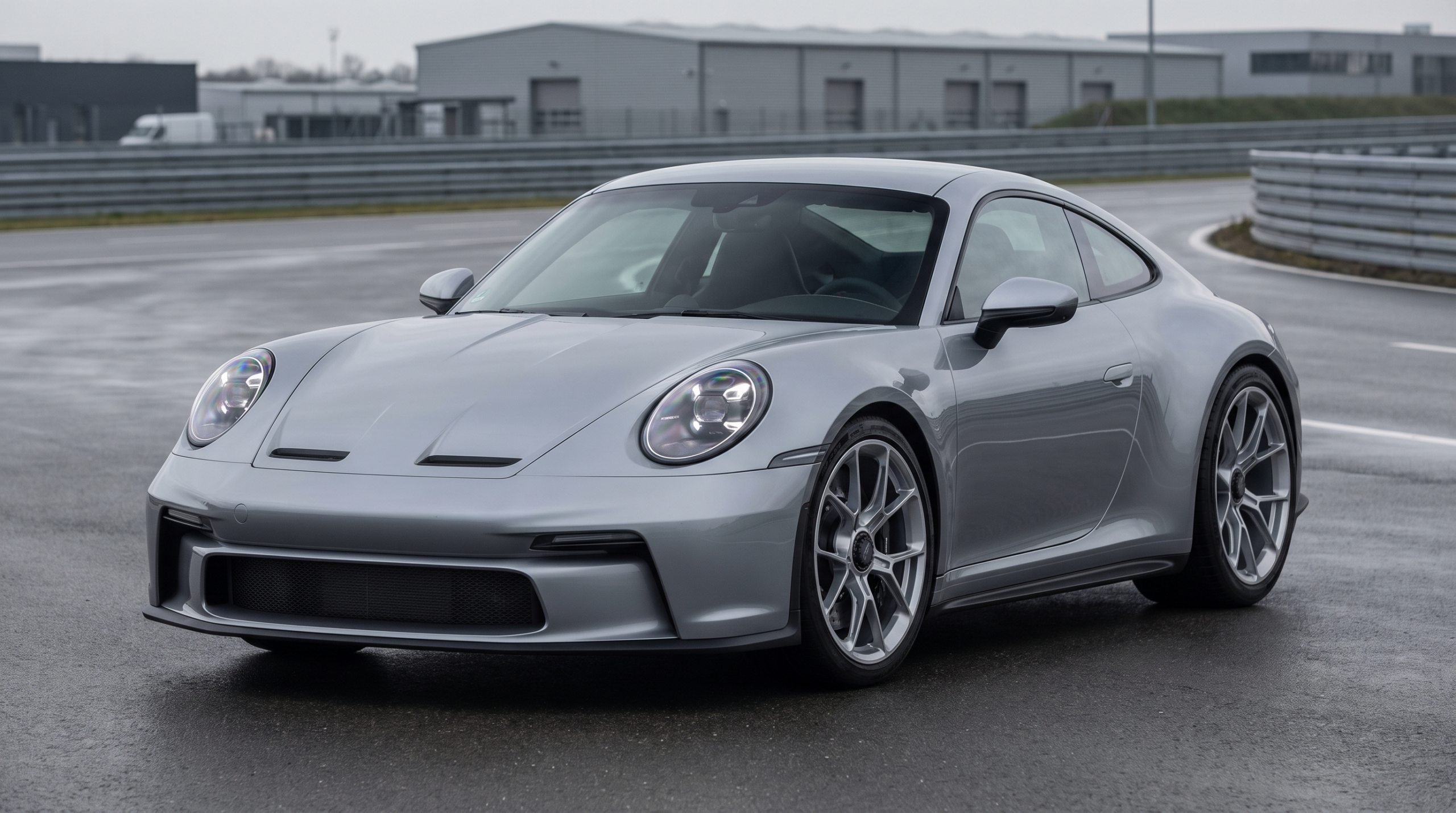 2026 Porsche 911 Turbo S T-Hybrid front three-quarter view in silver