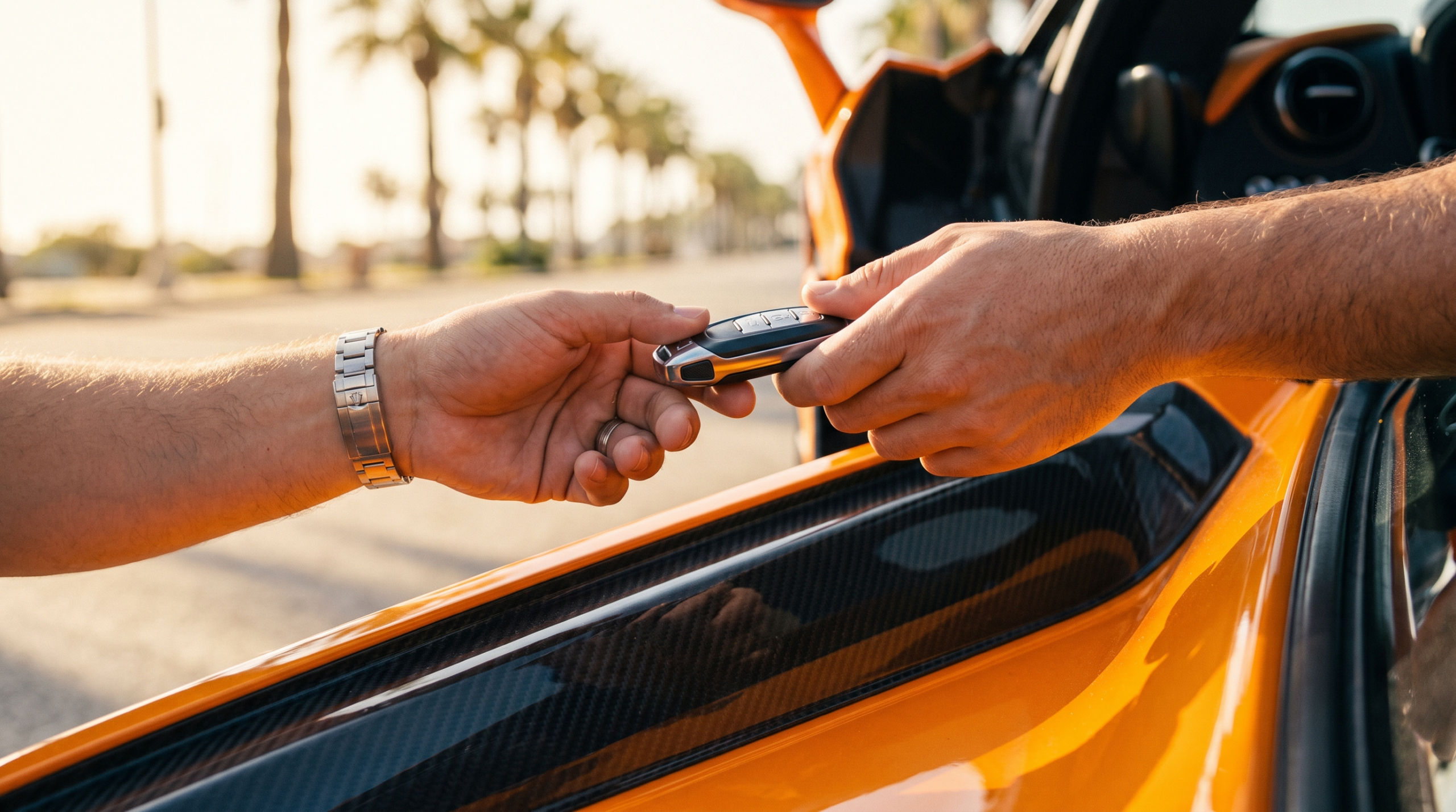 Handing over the keys to an orange supercar, the rental route people use to afford a supercar