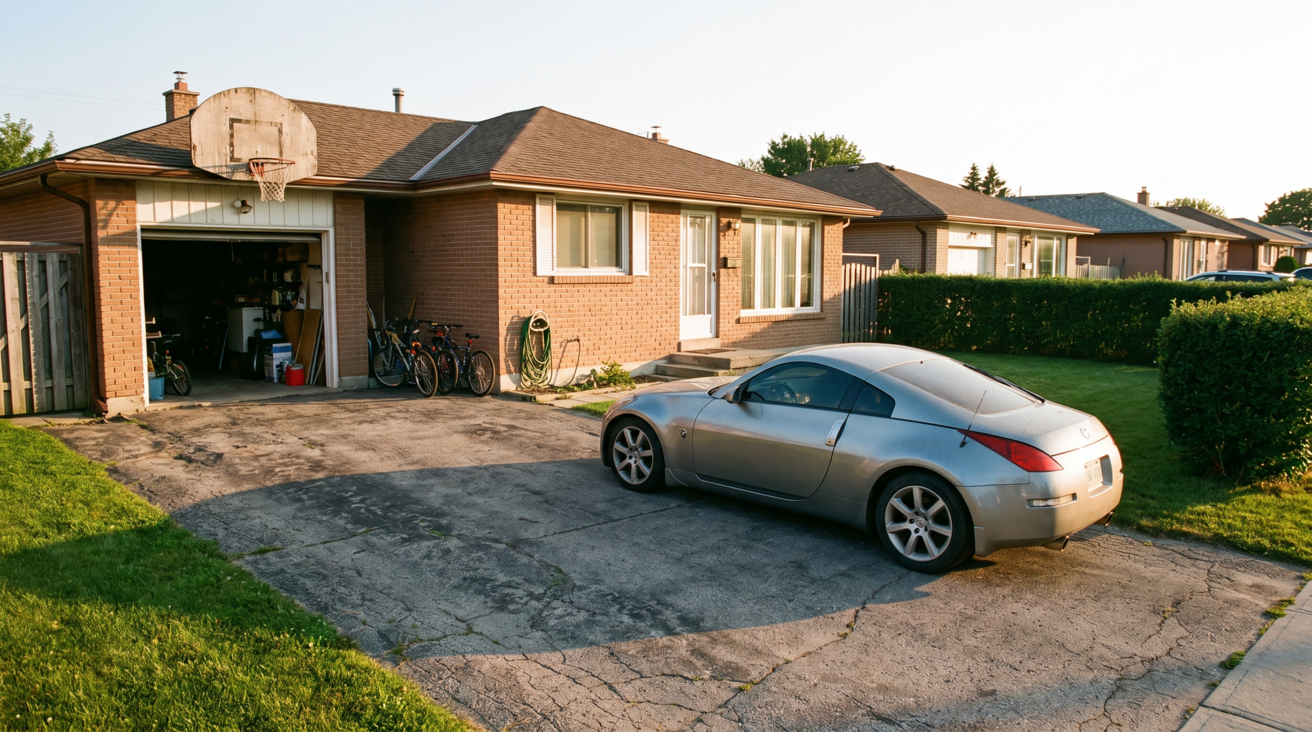 A silver supercar on an ordinary suburban driveway at golden hour