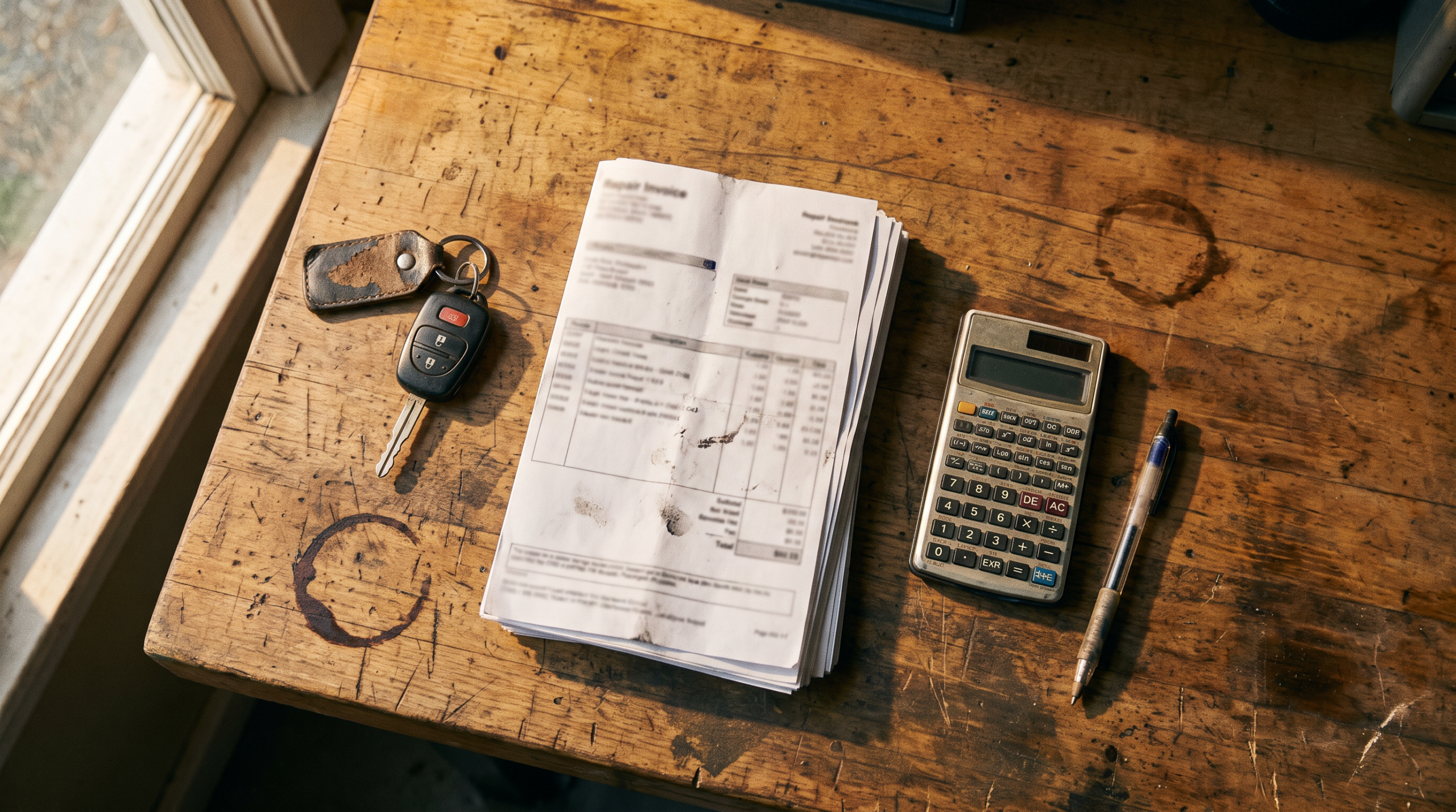 Car keys and a stack of repair invoices on a workbench