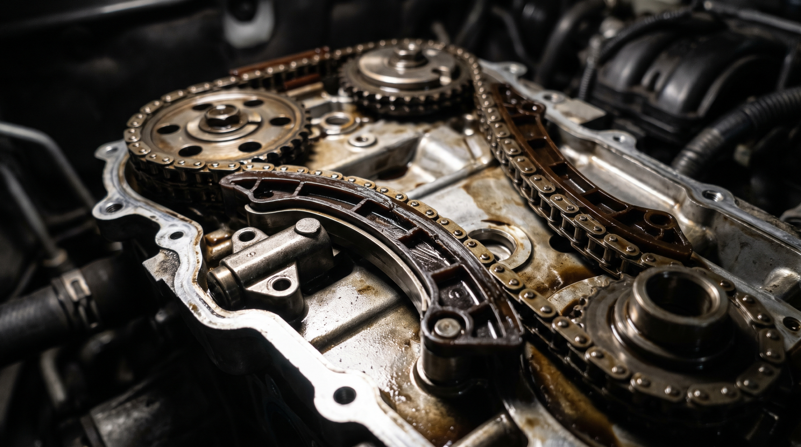 Opened engine timing case showing a chain, tensioner and a worn plastic guide rail