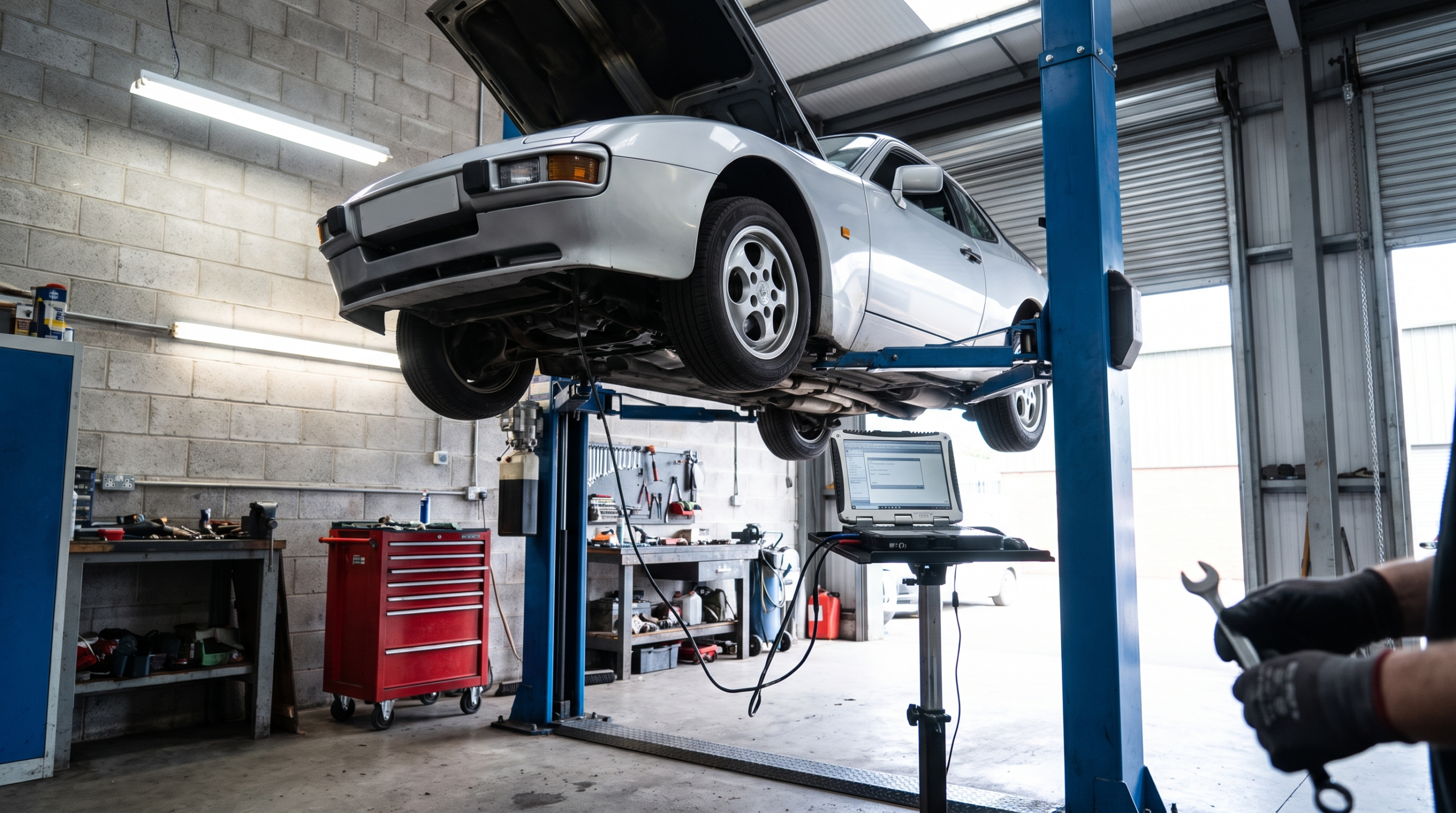 Sports coupe raised on a workshop lift with a diagnostic laptop connected