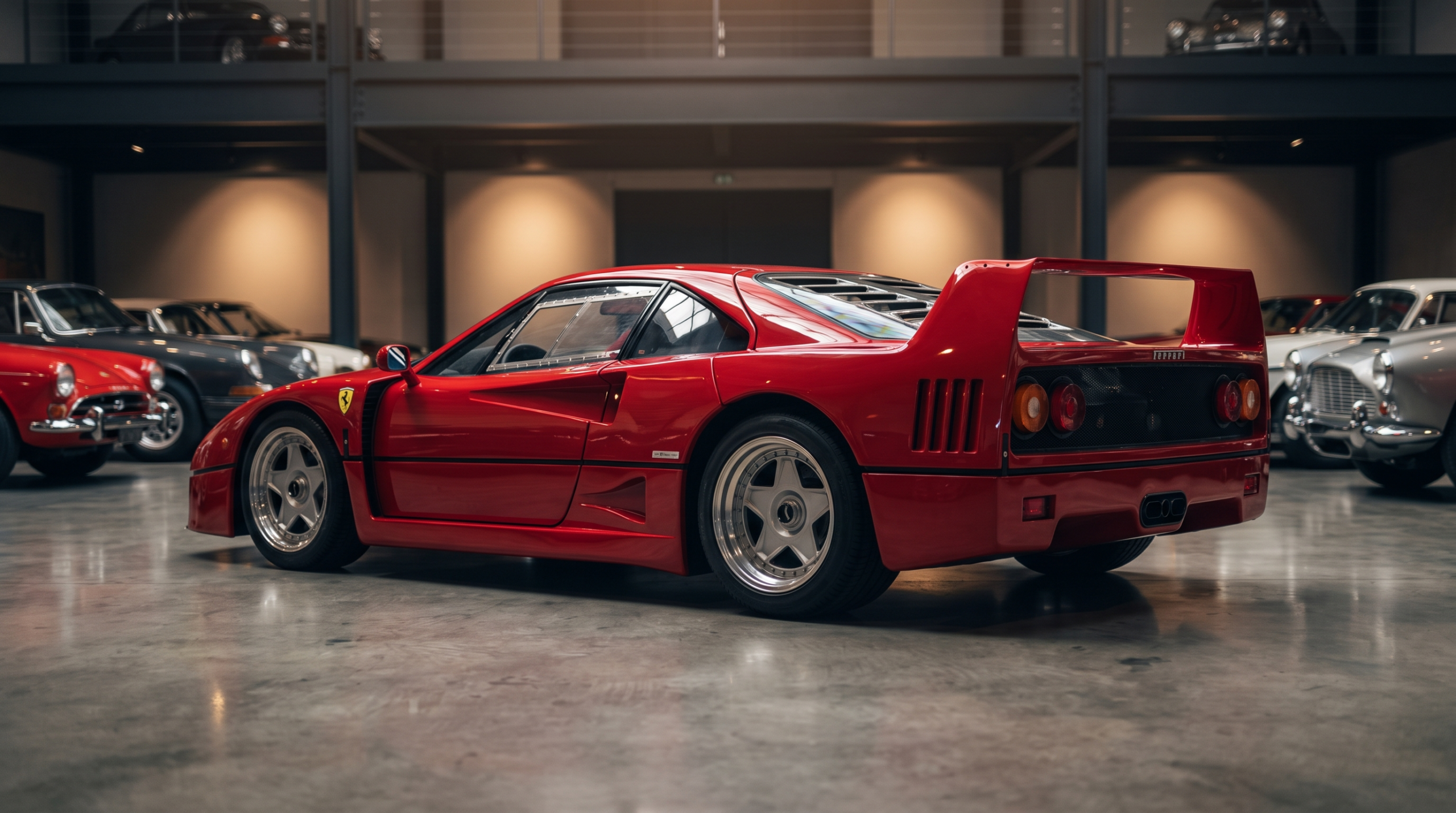 Exotic car values at the top: a red late-1980s twin-turbo supercar with a tall rear wing in a private collection