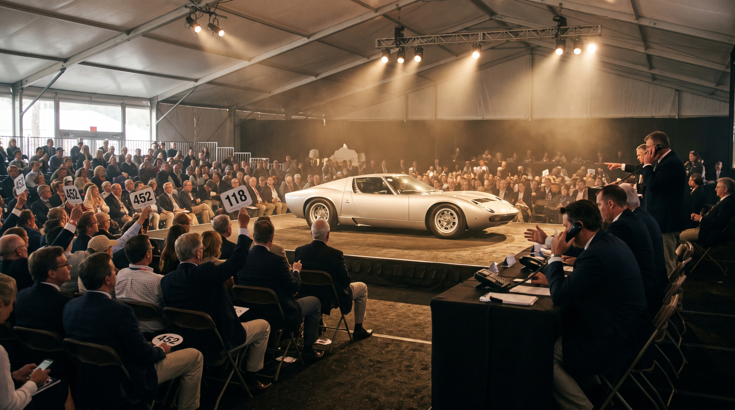 Exotic car values set in public: a supercar on a spotlit auction stage with bidders holding paddles