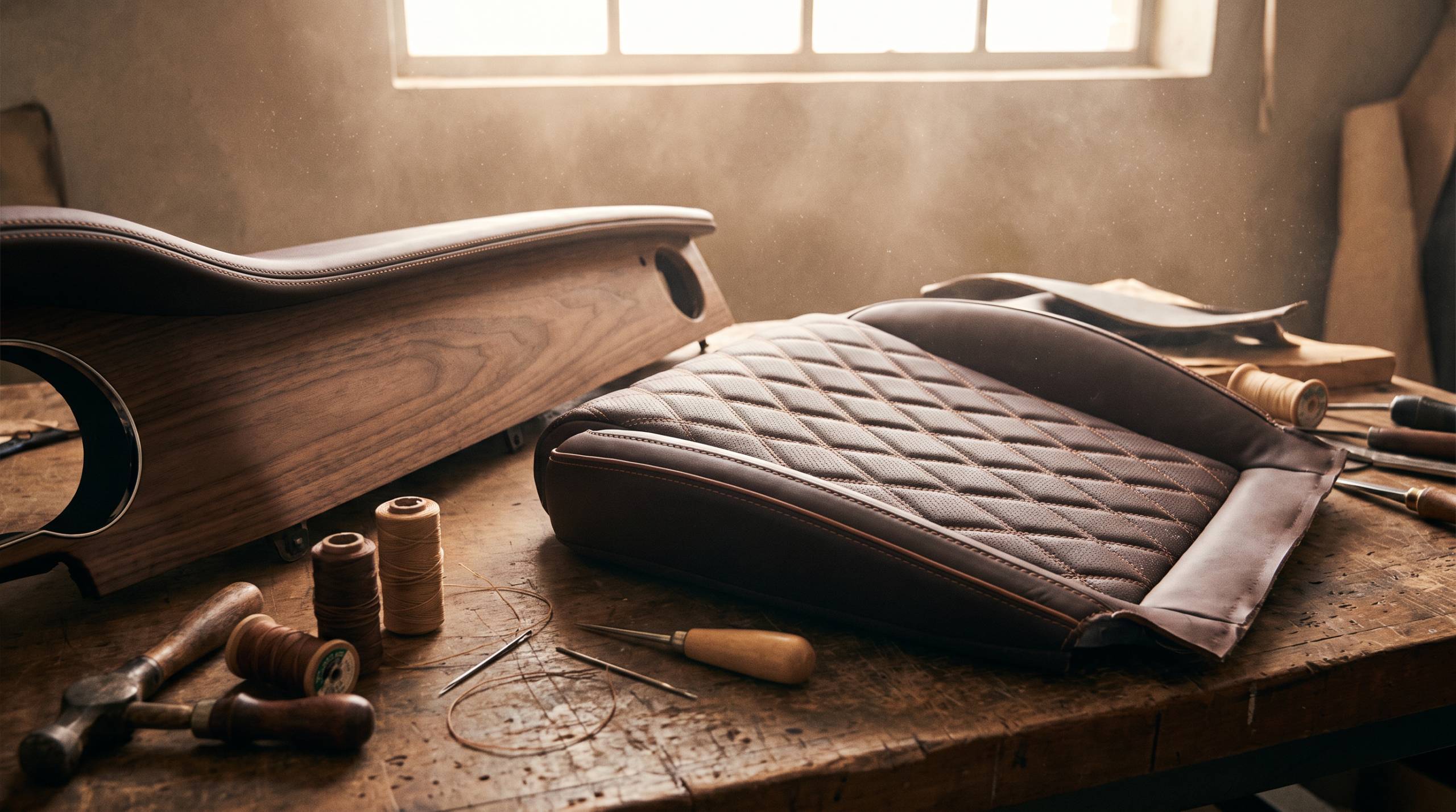 Quilted leather seat panel and walnut veneer on a workbench, the craft behind British luxury cars