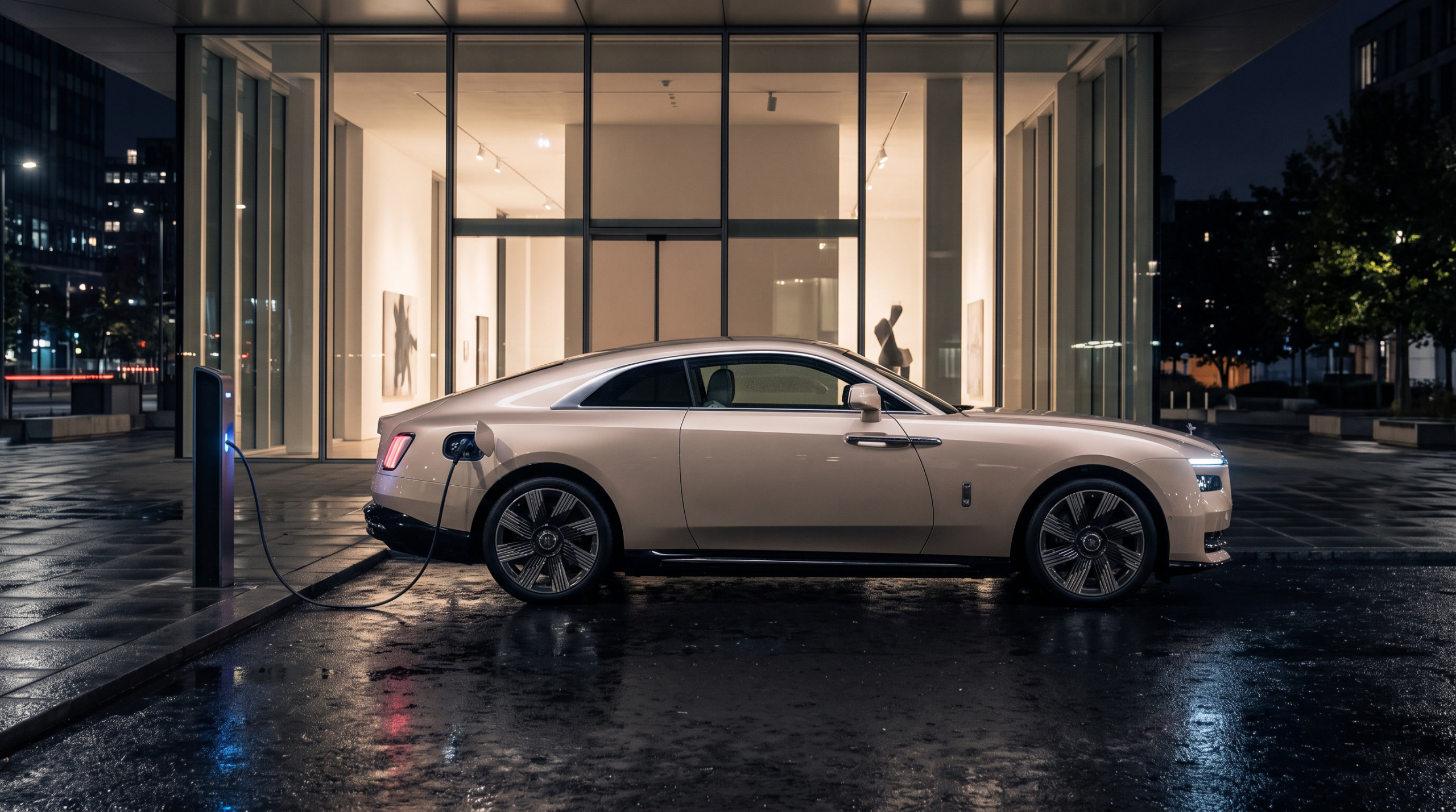 Large electric luxury coupe connected to a charging post at night