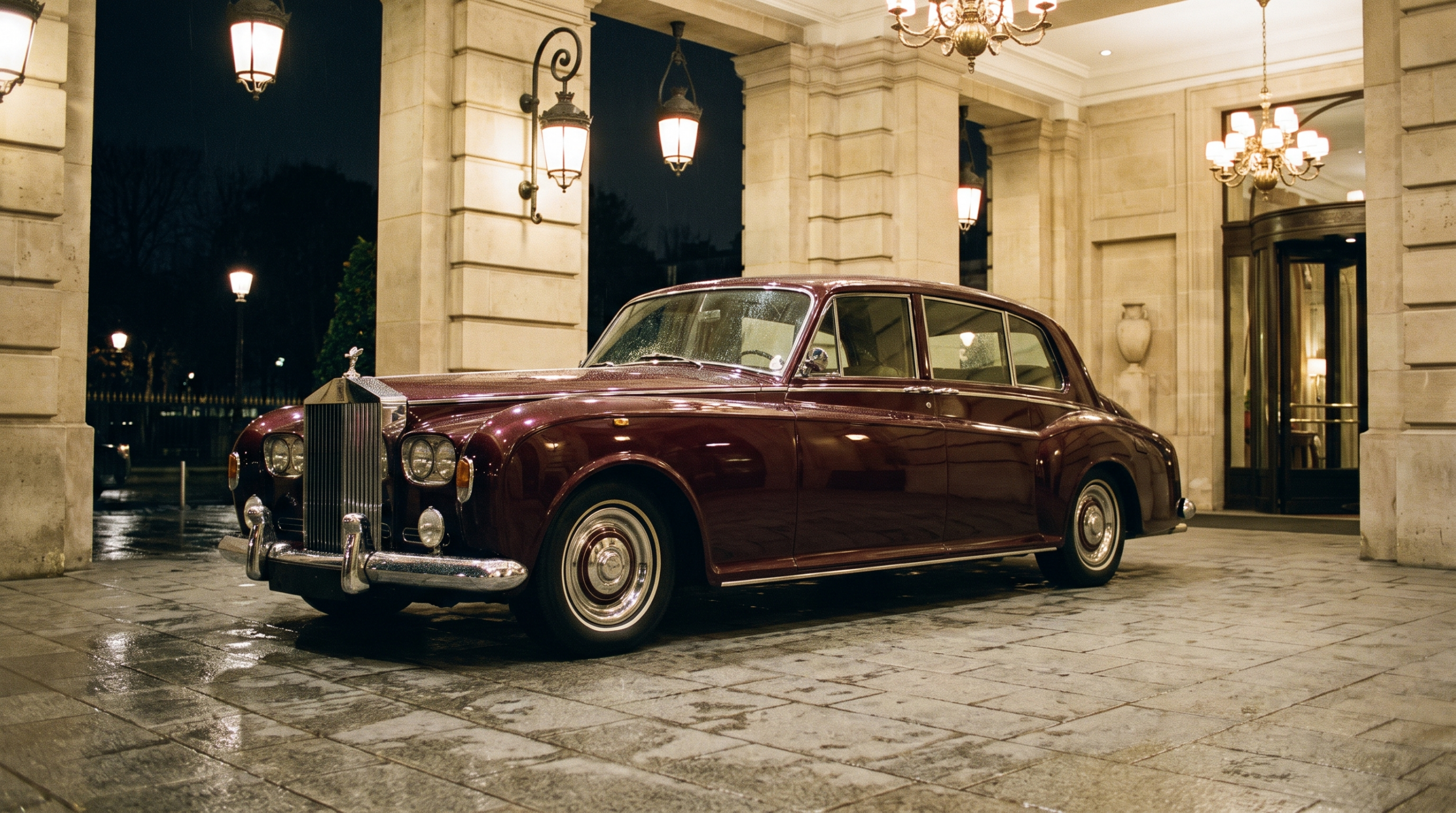 Stately ultra-luxury saloon with an upright grille and coach doors under a hotel portico at night