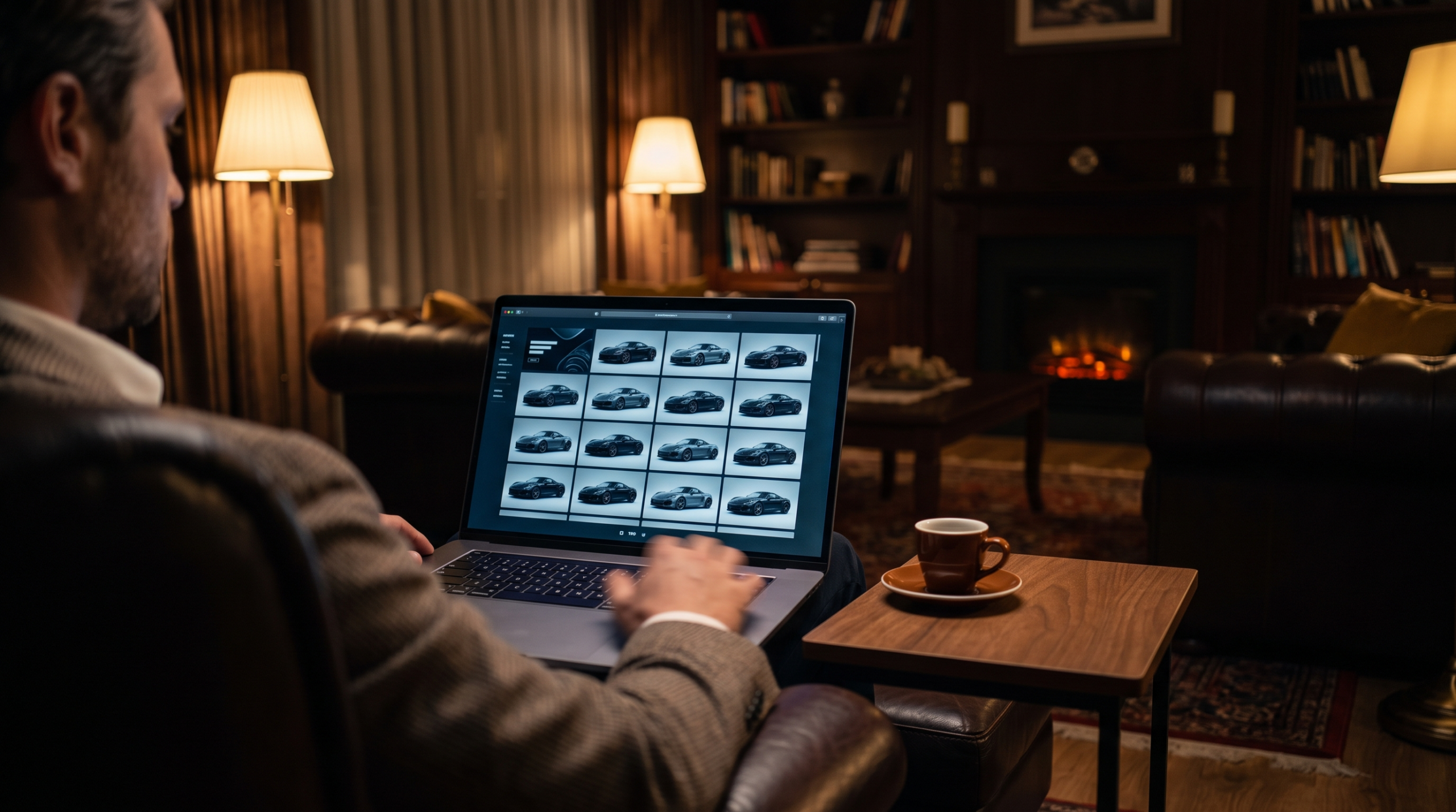 Browsing exotic cars online in a curated digital showroom — illustrative rendering