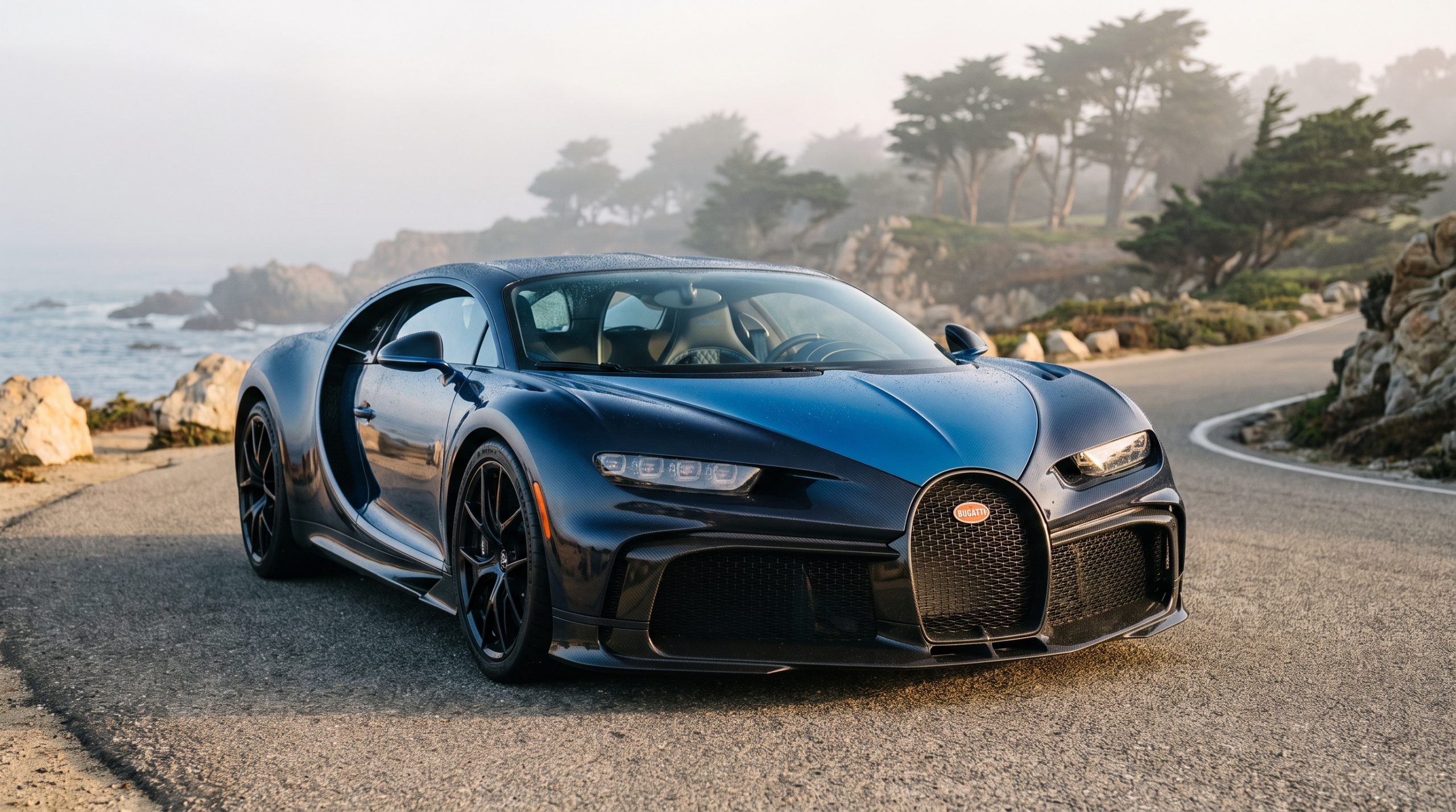 Bugatti Tourbillon on 17-Mile Drive near Monterey, whose horseshoe grille inspired the Bugatti Destrier (AI illustration)
