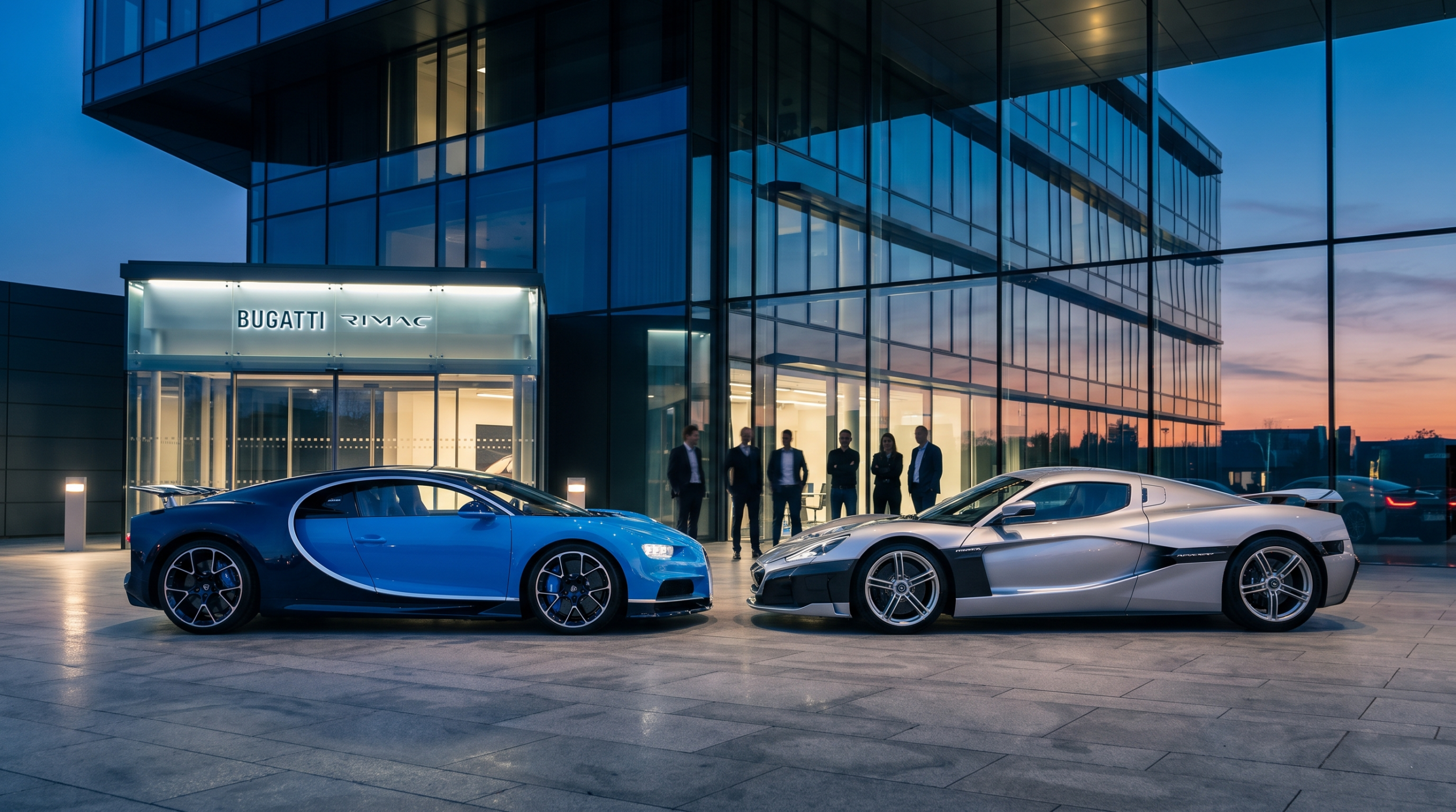 Bugatti Tourbillon and Rimac Nevera outside headquarters — Bugatti Rimac enters a new ownership era (illustrative)