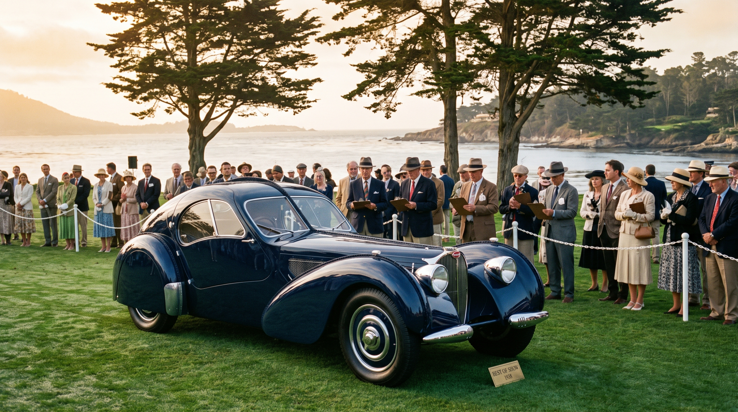 Classic Bugatti Type 57 SC Atlantic at the Pebble Beach Concours d’Elegance, spiritual ancestor of the Bugatti Destrier (AI illustration)