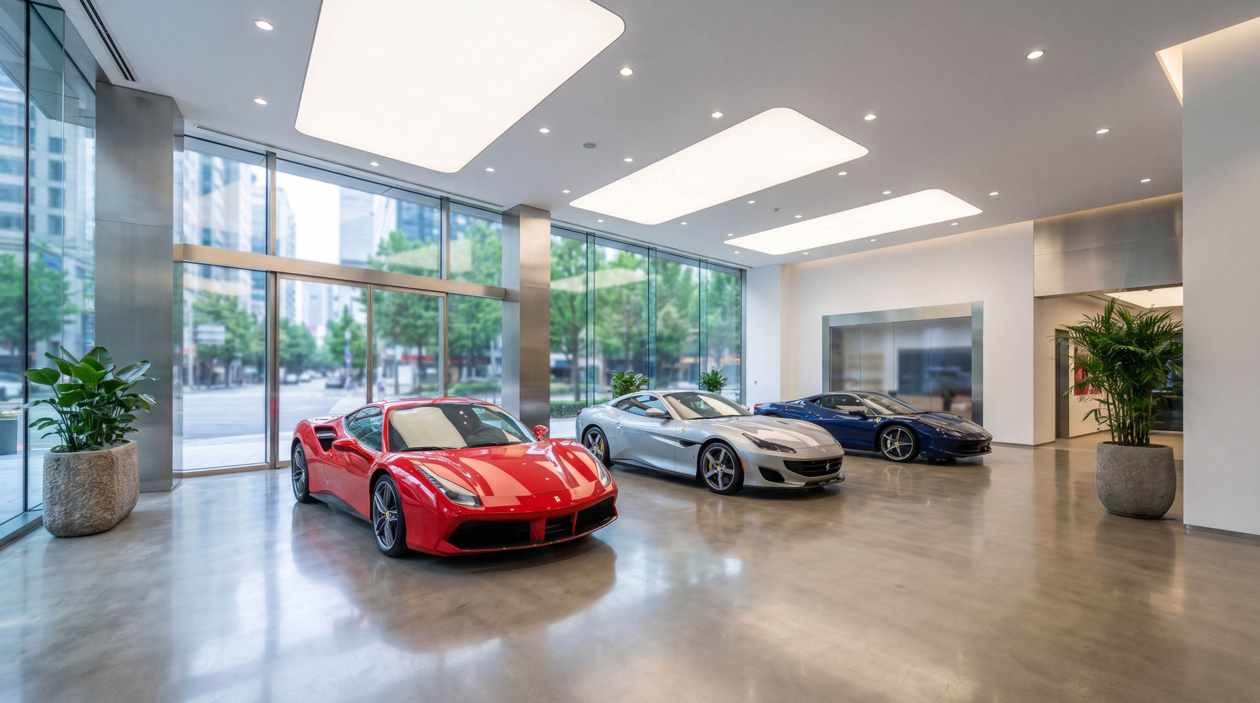 European supercars in a showroom, facing 15% car tariffs on EU-built vehicles