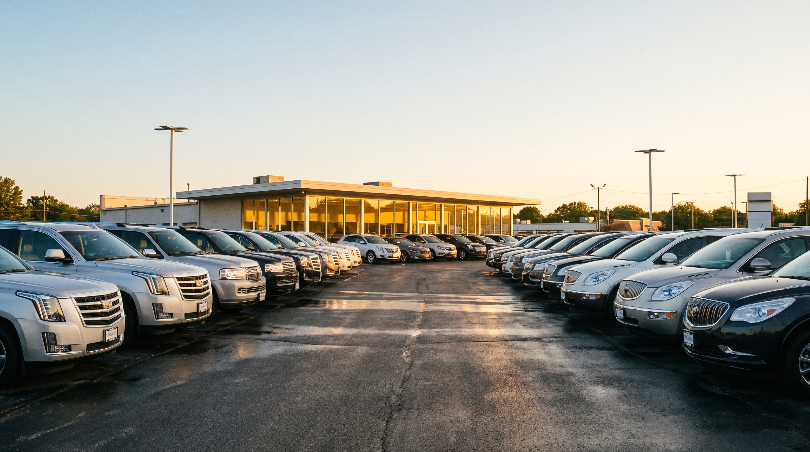 Luxury vehicles on a US dealership lot, already through customs and beyond car tariffs