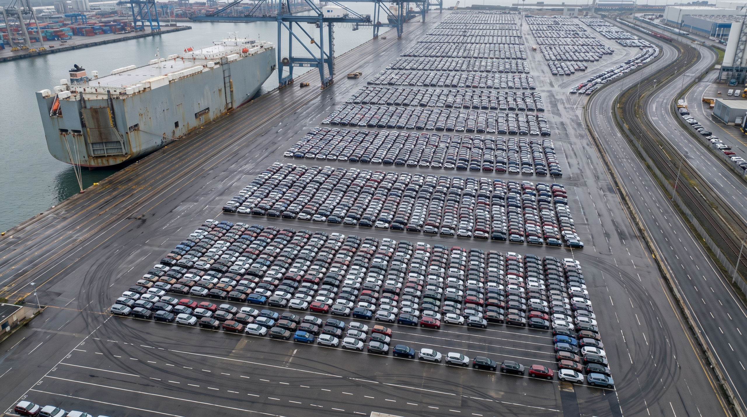 Imported vehicles at a seaport terminal, where car tariffs are assessed on customs value