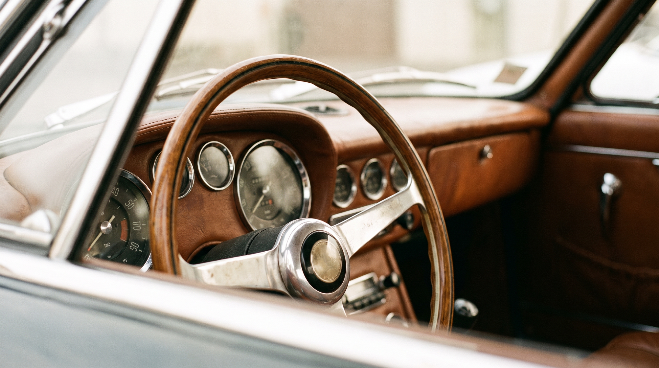 Classic Ferrari-style interior with wood steering wheel — illustrative rendering