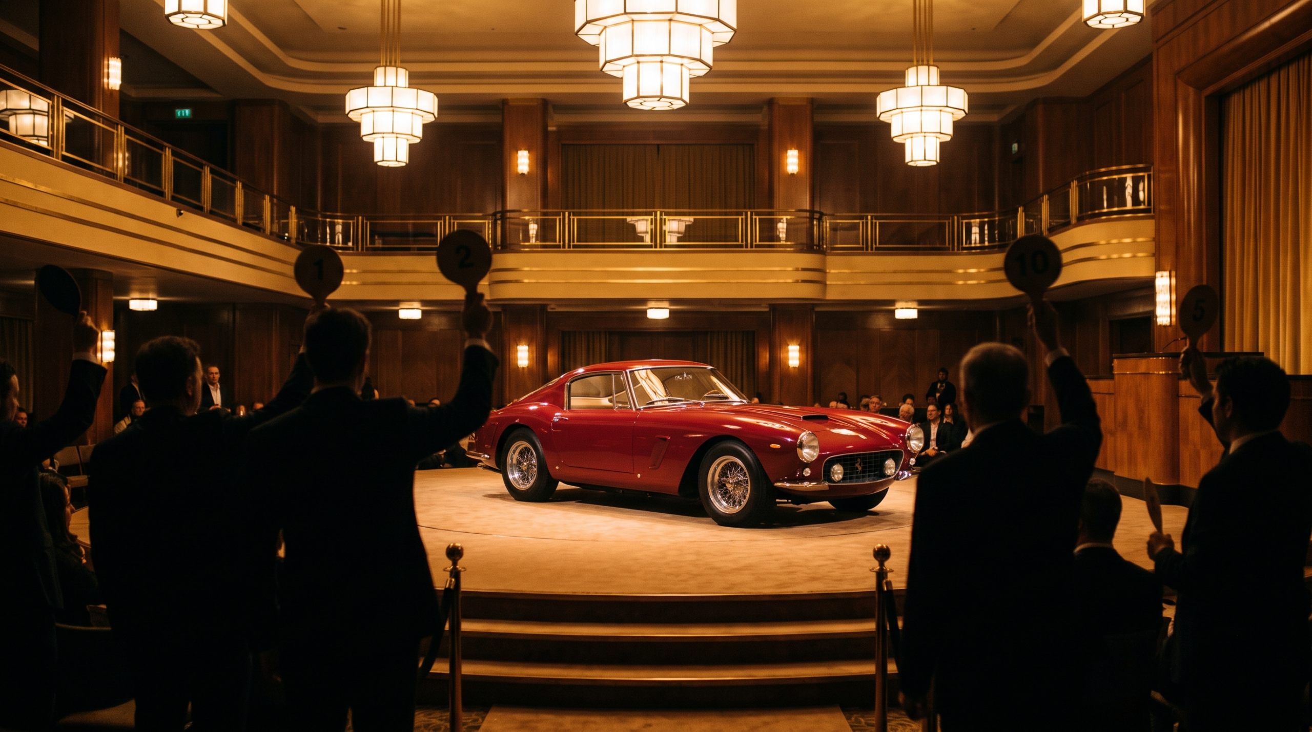 Classic Ferraris at auction — illustrative rendering of a collector car auction stage