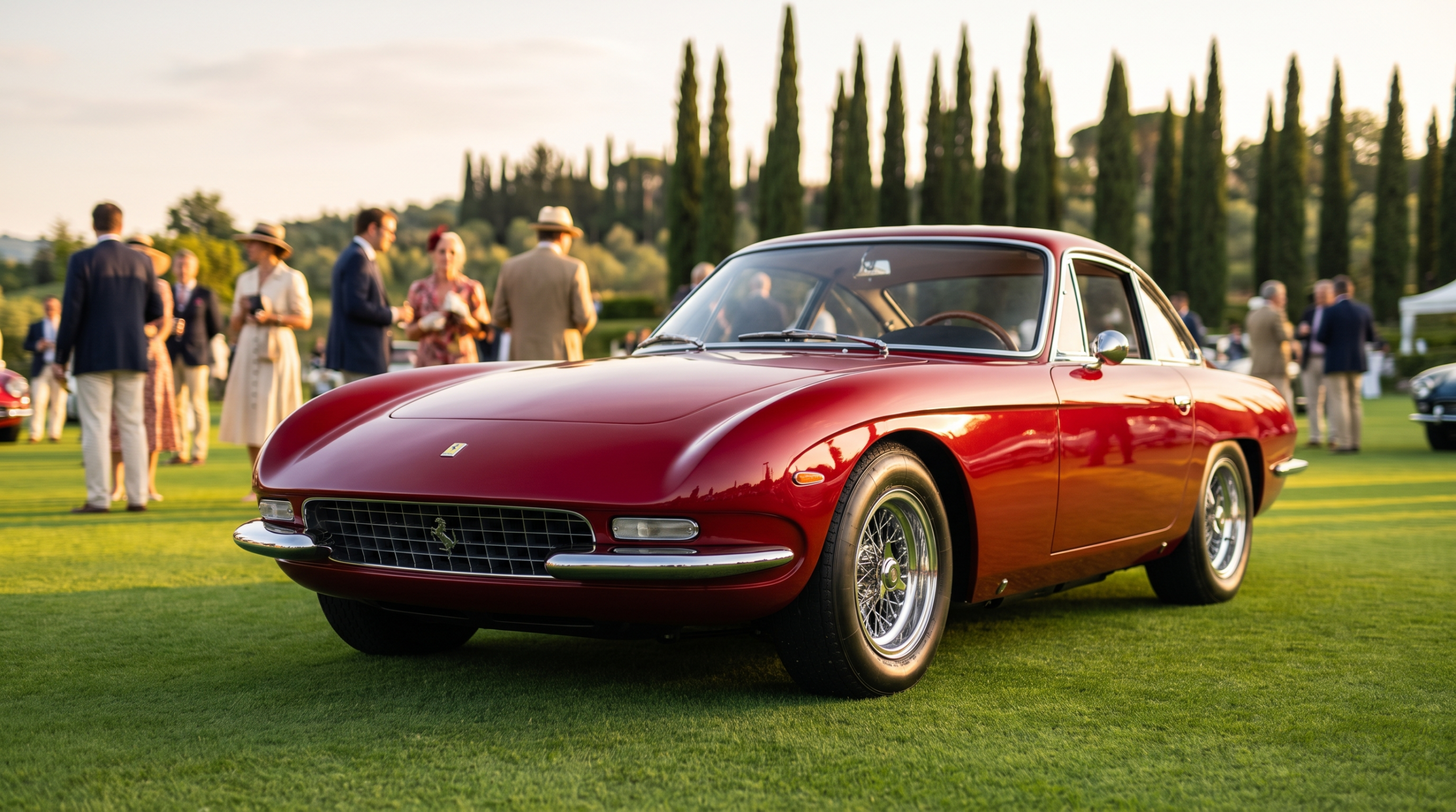 Classic Ferraris on the concours lawn — illustrative rendering of a 1960s grand tourer