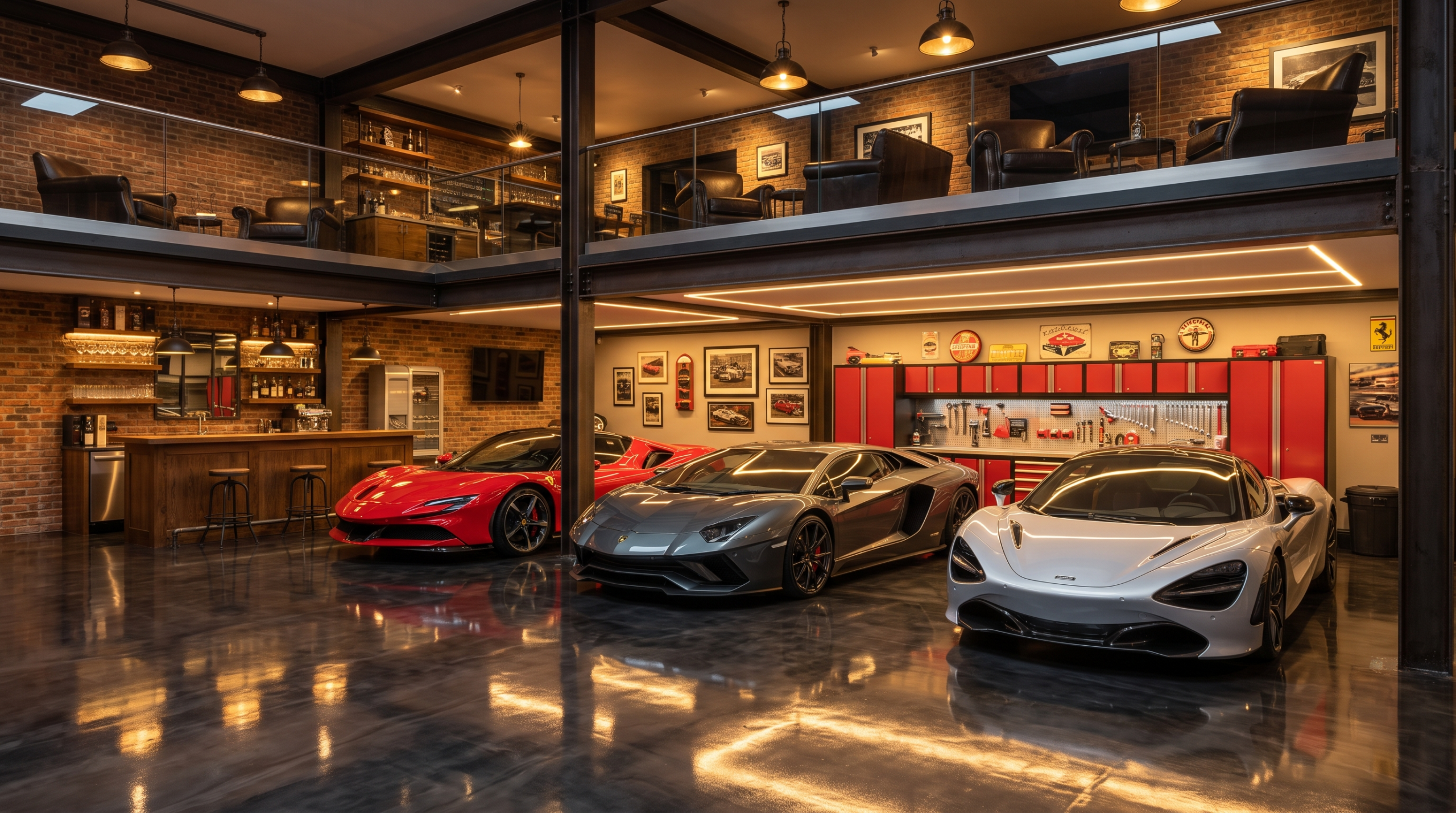 Luxury car condos come in garage form too — illustrative rendering of a collector garage condo suite with mezzanine lounge