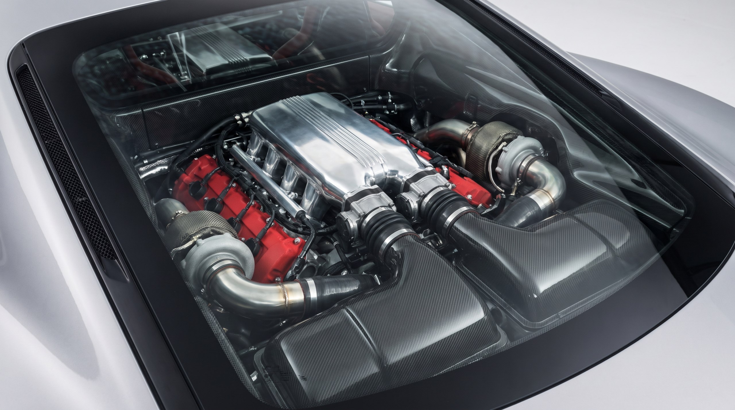 Twin-turbocharged flat-plane-crank V8 engine bay of the type used in the Corvette ZR1X