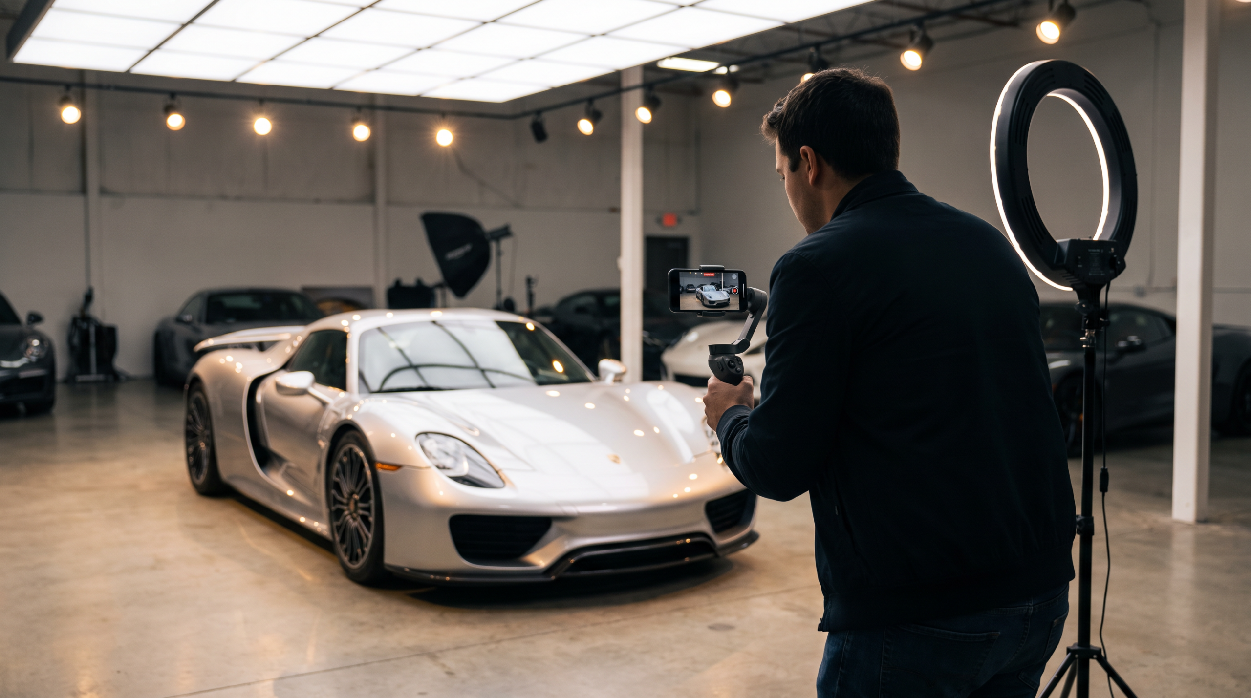Dealer filming a video walkaround for an exotic cars online listing — illustrative rendering