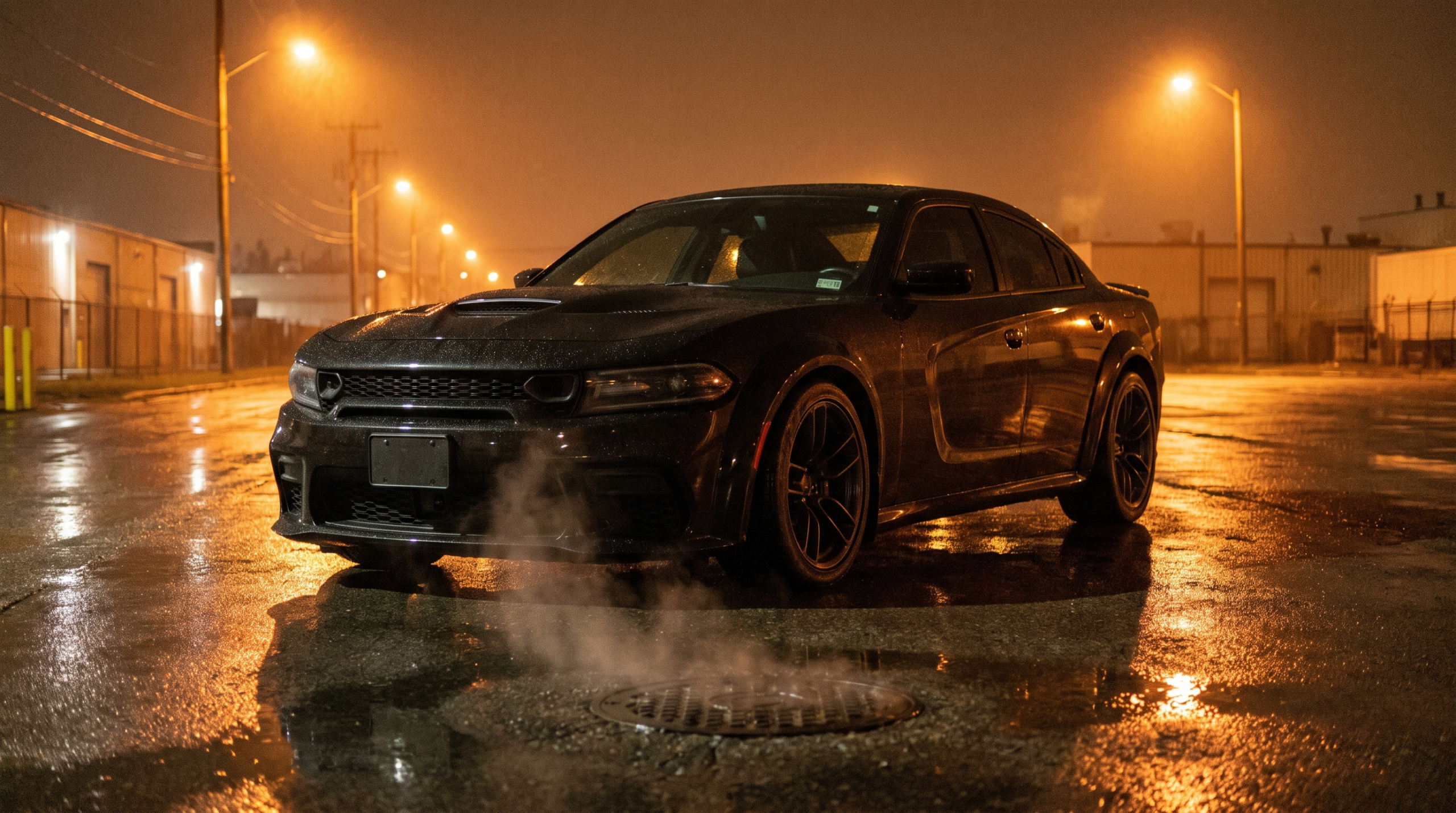 Dodge Charger Hellcat in black, front three-quarter view on wet asphalt under streetlights at night