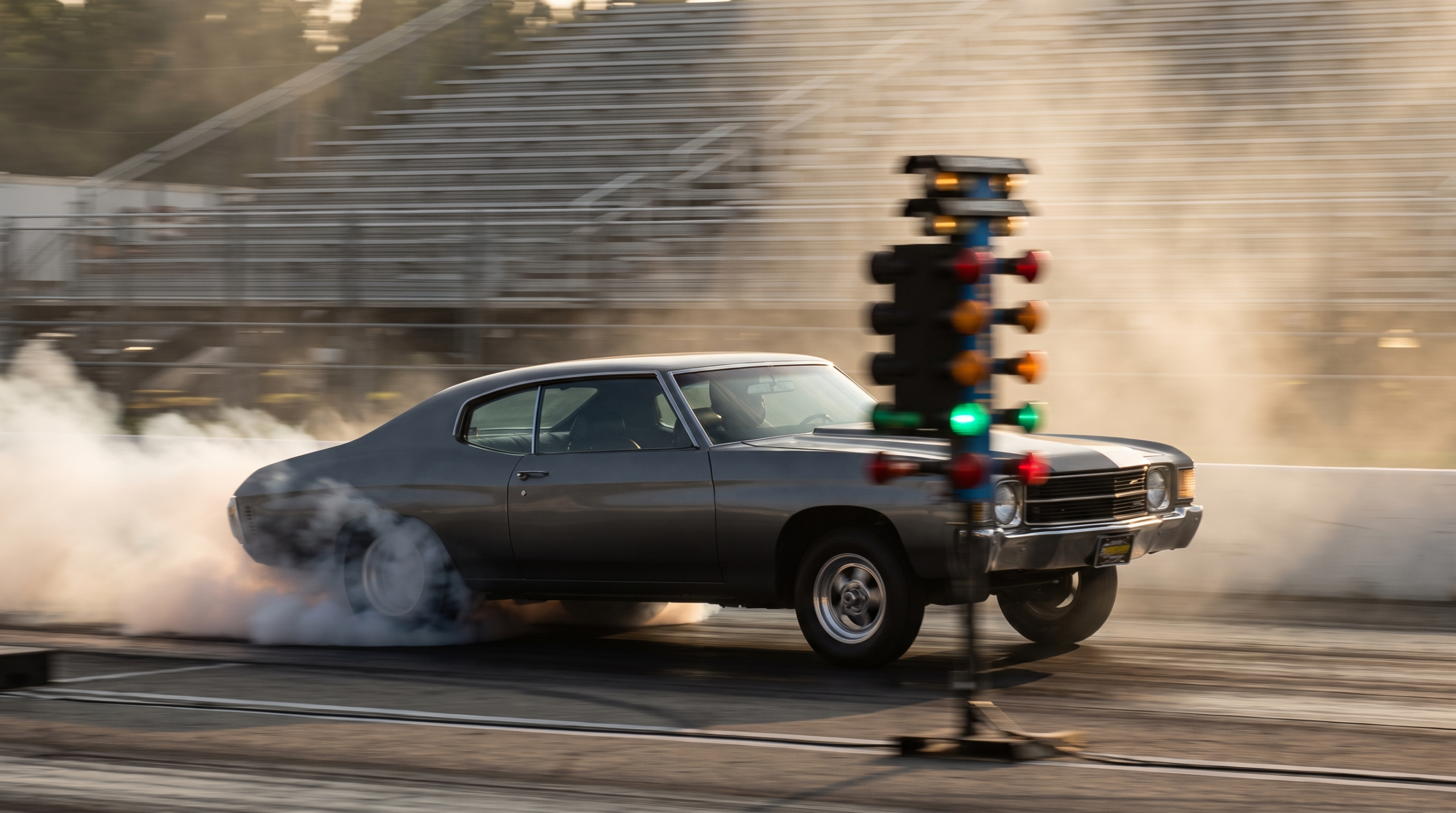 Dodge Charger Hellcat launching at a drag strip with rear tyre smoke and the light gantry in view