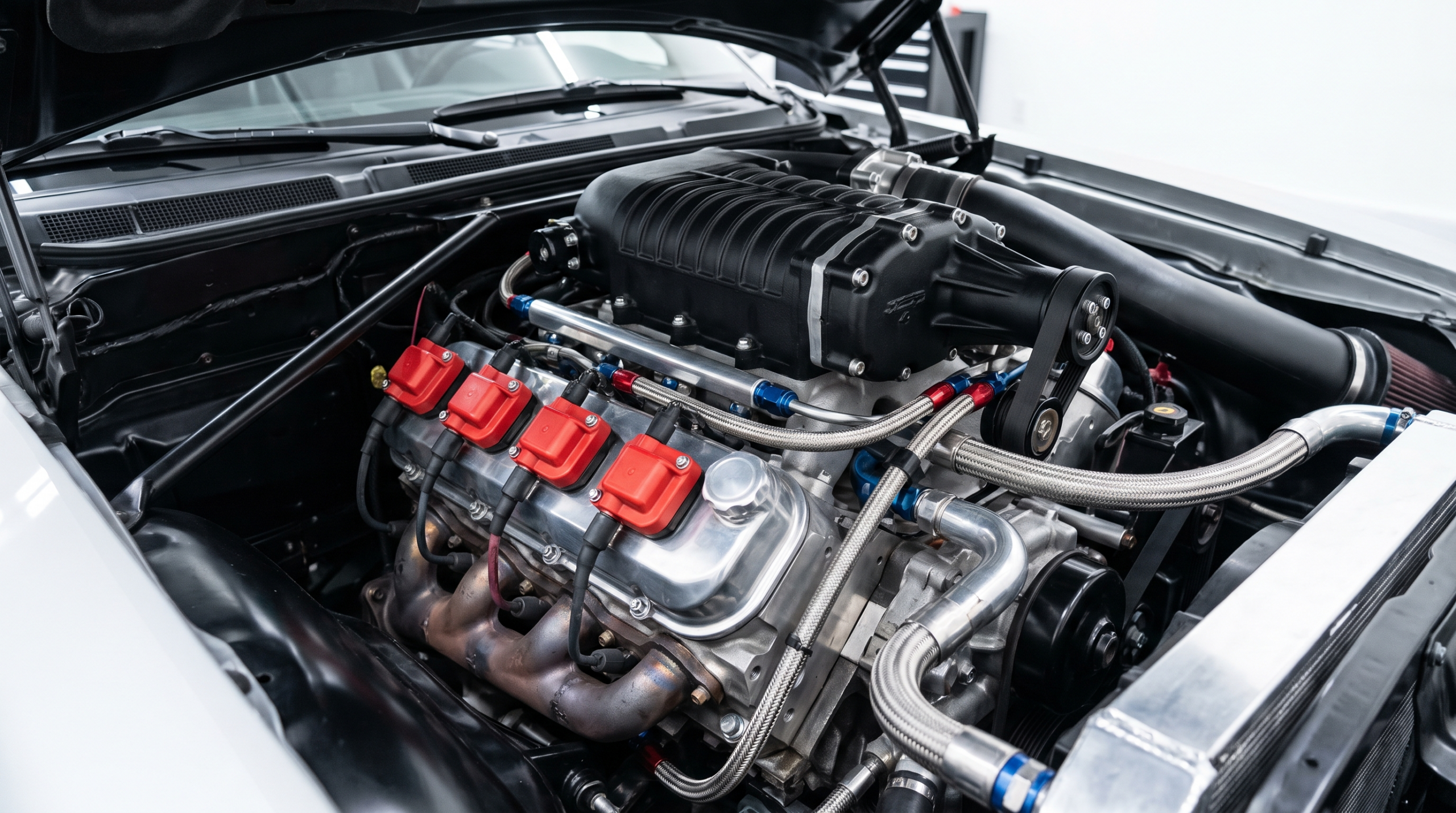Dodge Charger Hellcat engine bay showing the supercharged 6.2-litre HEMI V8 and twin-screw blower