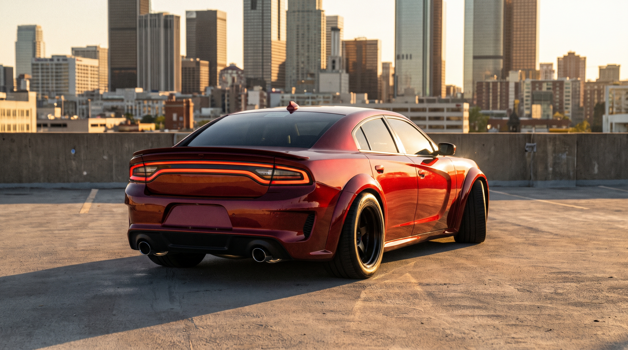 Dodge Charger Hellcat Widebody rear three-quarter view in metallic red on a rooftop car park at golden hour