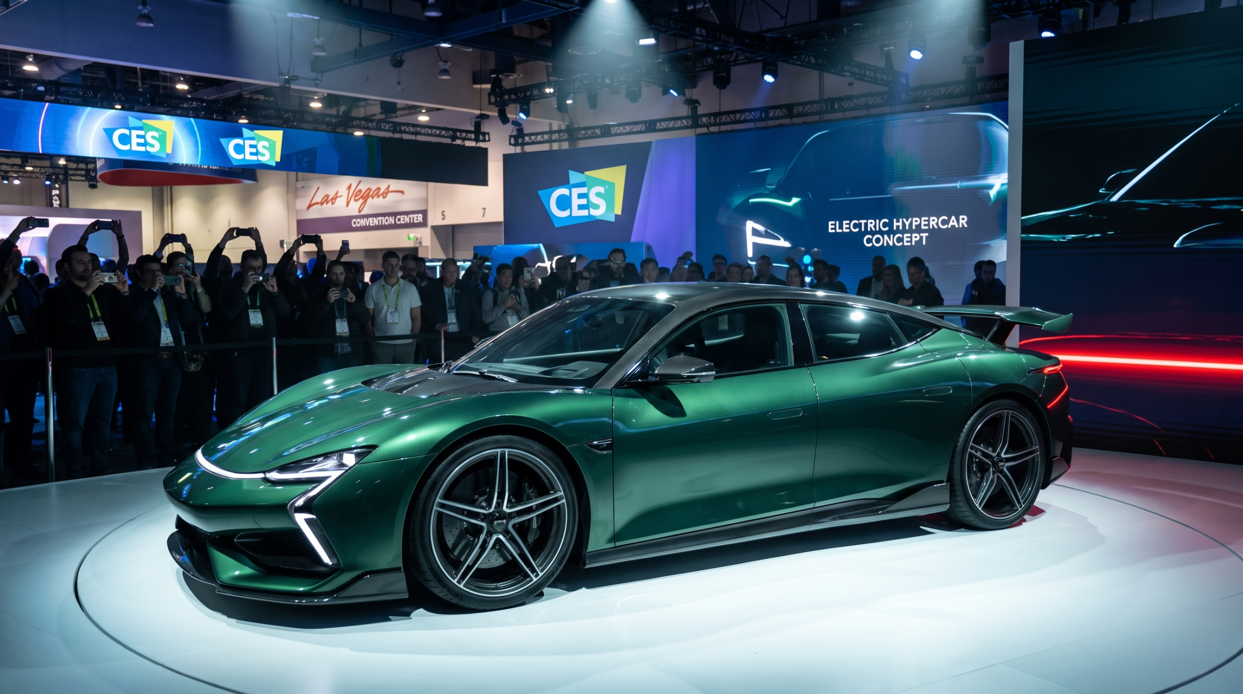 Dreame car debut: the Nebula 1 electric hypercar prototype on the CES 2026 stage (illustrative rendering)