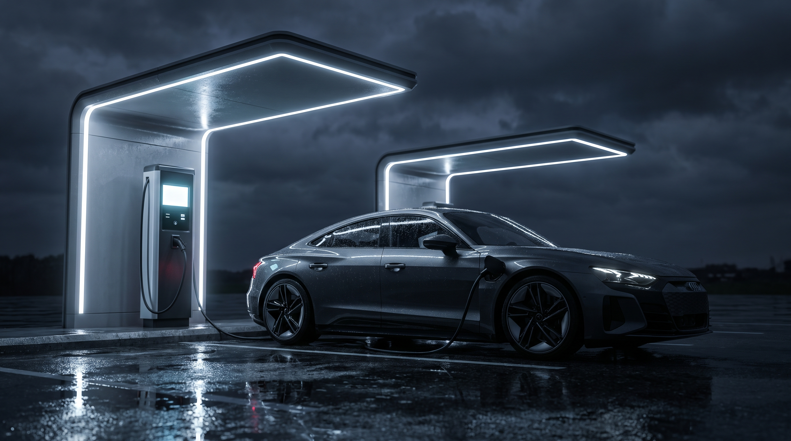 Sports car on a rapid charger at night, the everyday reality of electric supercars