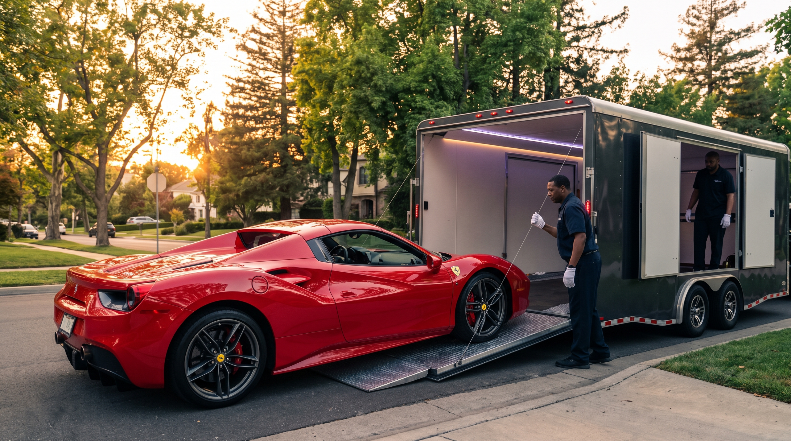 Enclosed transport delivery after buying exotic cars online — illustrative rendering