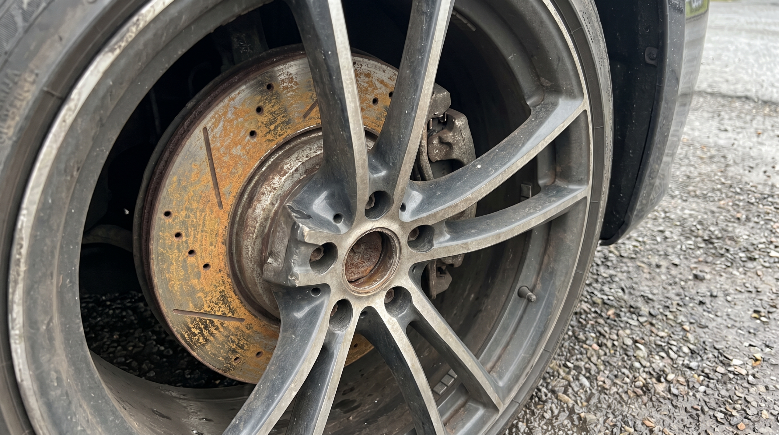 Brake disc with surface rust behind an alloy wheel on a car that has been standing
